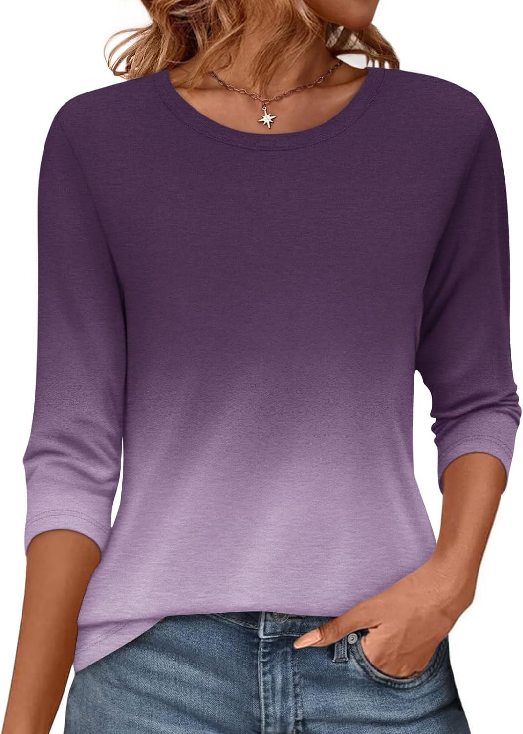 Womens 3/4 Sleeve Tops Crewneck Summer Solid Casual Tee Shirts Floral Printed Blouse Loose Dressy Tunic