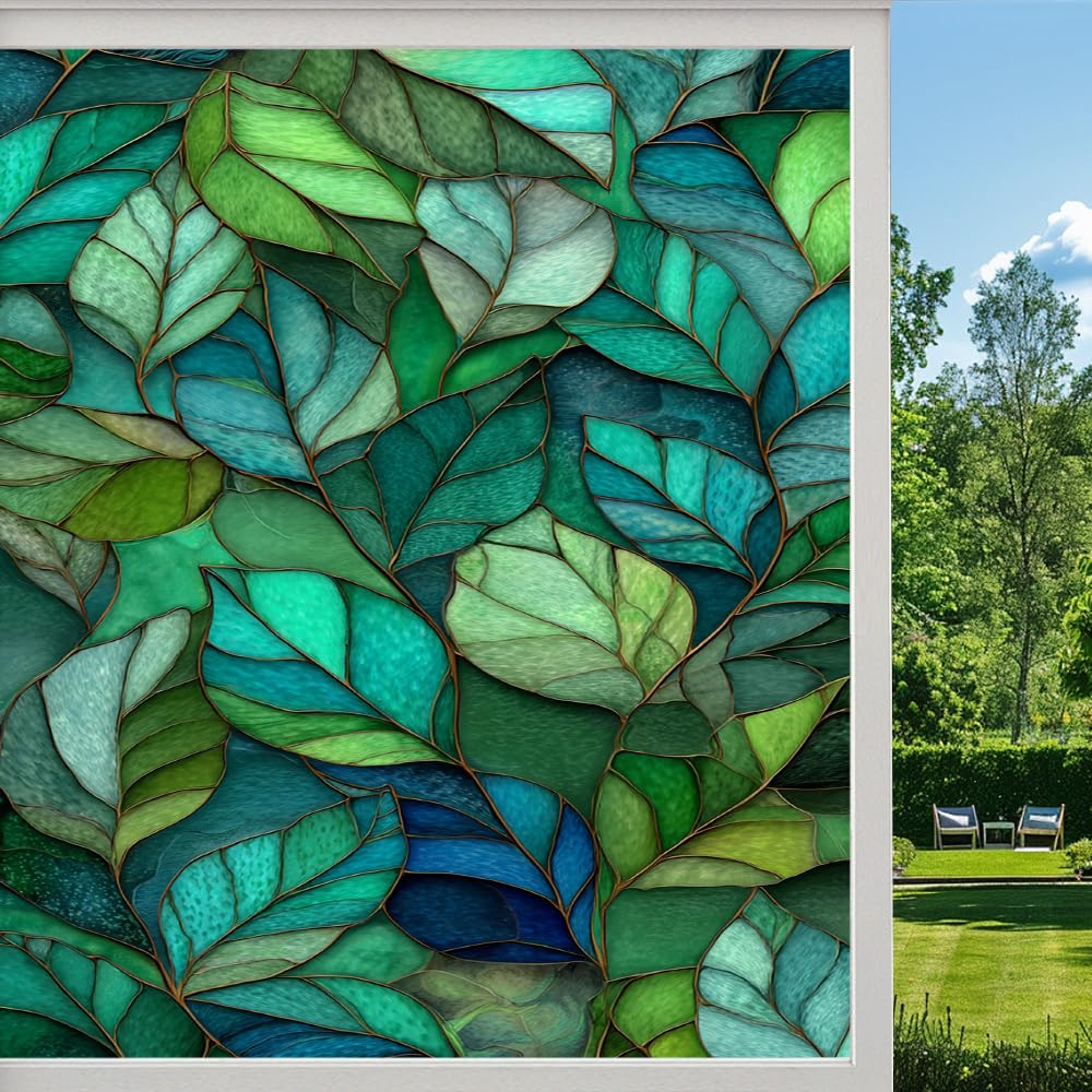 Pmlbaous Natural Leaf Stained Glass Window Film, Rustic Green Leaves Peel And Stick Privacy Film, Frosted Adhesive Vinyl Decorative For Bathroom Windows Glass Doors, （80X120cm）