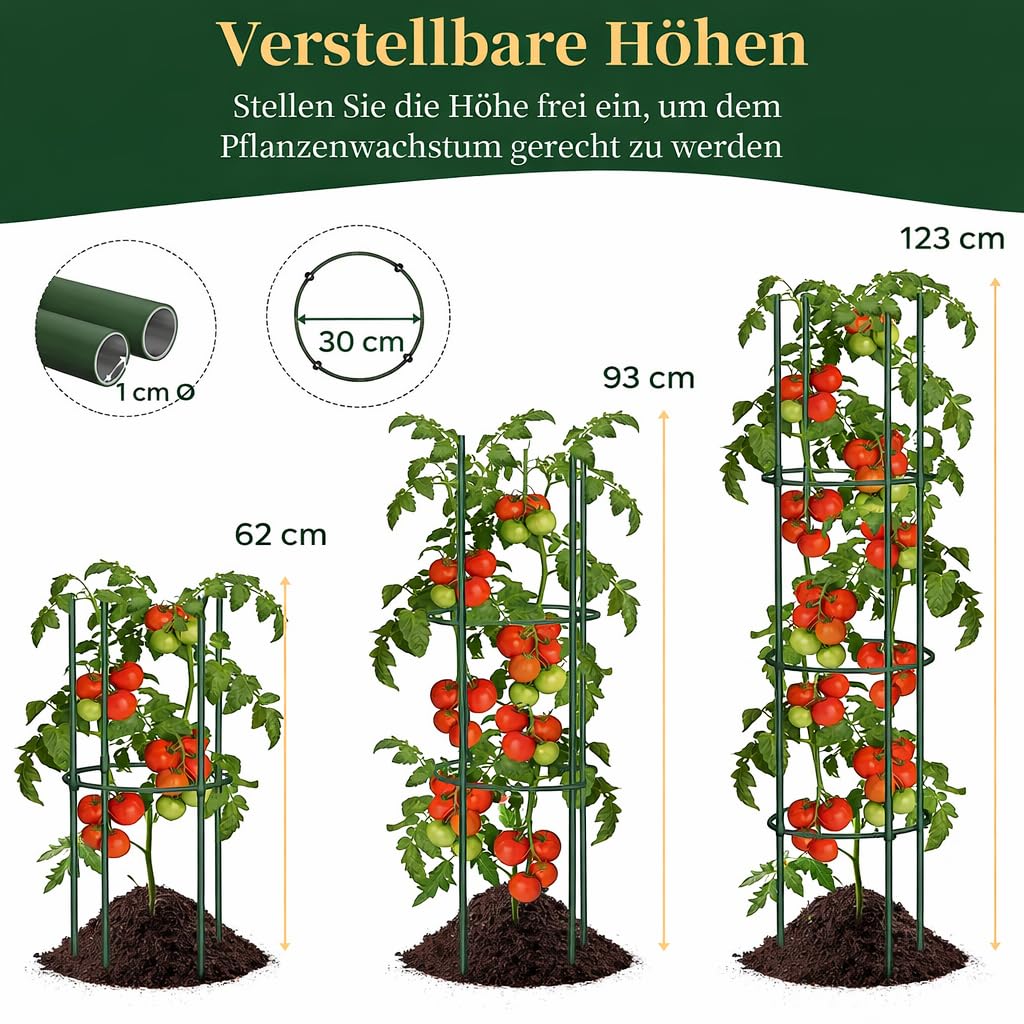 Tomaten Rankhilfe 6 Stück, 123cm Rankhilfen für Kletterpflanzen, Verstellbarer Tomatenkäfig & Pflanzenstütze, Rankgitter Metall, Tomatenturm/Gurkenturm für Rosen, Blumenstütze, Garten, Hochbeet