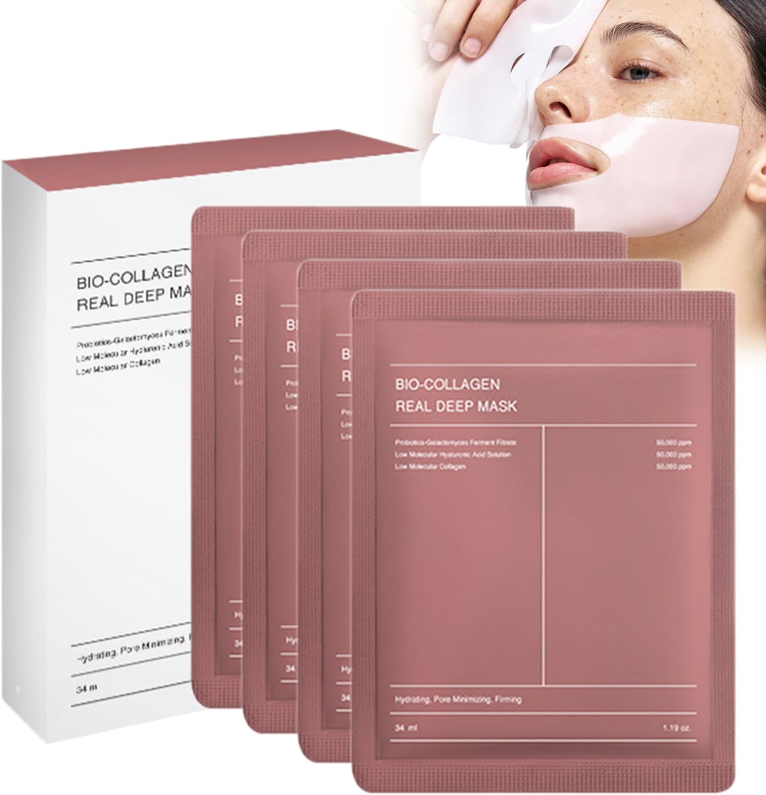 Deep Collagen Overnight Mask 34gx4ea, Bio-Collagen Real Deep Mask, Facial Sheet Masks with Low Molecular Weight Collagen for Pore Minimizing, Elasticity, Firming and Moisturizing