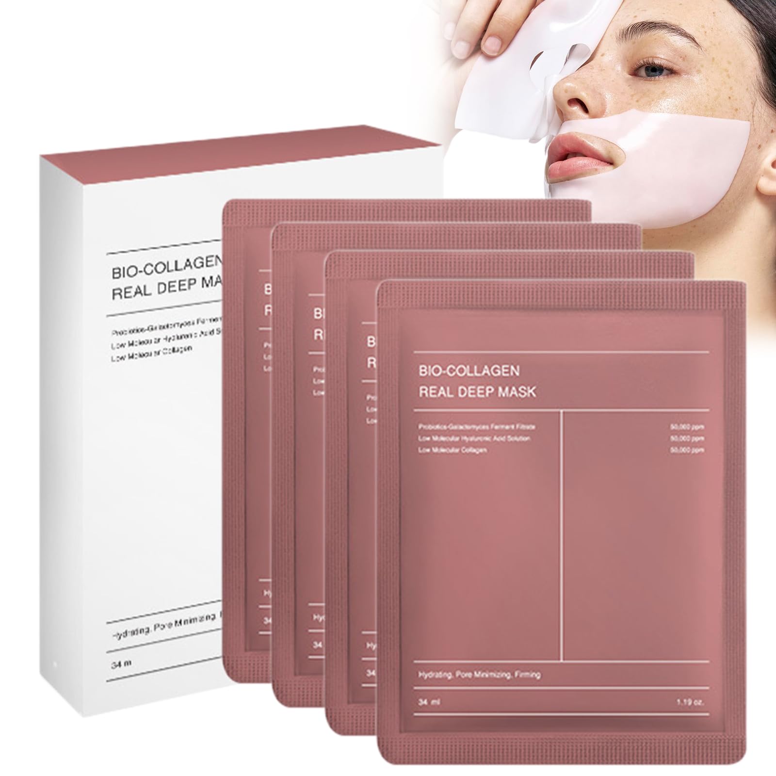 Deep Collagen Overnight Mask 34gx4ea, Bio-Collagen Real Deep Mask, Facial Sheet Masks with Low Molecular Weight Collagen for Pore Minimizing, Elasticity, Firming and Moisturizing
