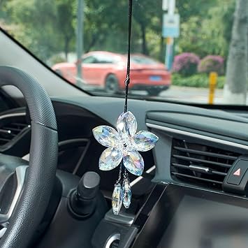 Crystal Flower Car Rear View Mirror Hanging Ornament - Sparkles with Rainbows for a Sense of Luck and Happiness Car Interior Accessories Charming Green