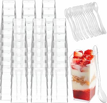 Zezzxu 100 x 3 oz Mini Dessert Cups with Spoons, Shooter - Clear Plastic Small Parfait Cups Reusable Shot Glasses for Tasting Party Desserts & Appetizers, Shrimp Cocktail Cups