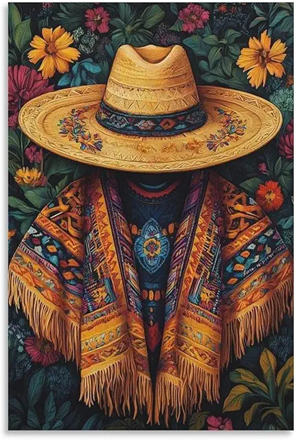 Lienzo decorativo sombrero colombiano Vueltiao y Ruana Poncho - Tienda colombiana