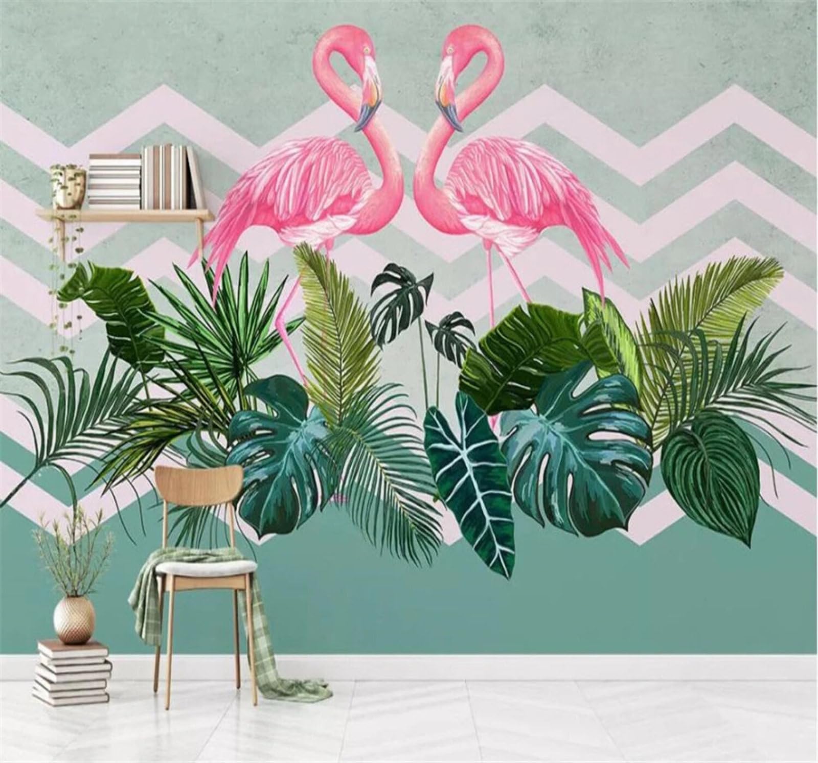 Xlming 350Cm×256Cm(B×H) Minimalist Green Tropical Plants Flamingos 3D Wallpaper Luxury Silk Study Dining Feature Sofa Grey Bedroom Living Room Tv Decorative Wall-350Cm×256Cm
