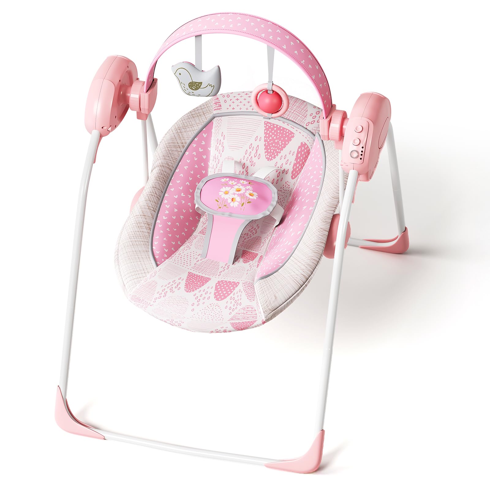 Portable Baby Swing, Pink Electric Infant Swing with 5 Speed Levels, 6 Songs & Timer – Battery-Powered Only (No Batteries Included) Pink and White