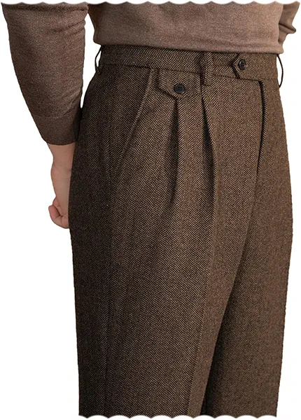 Mens Pants Tweed Herringbone Vintage Dress Pant Trousers Regular Fit Suit Pants for Men Brown38W×32L