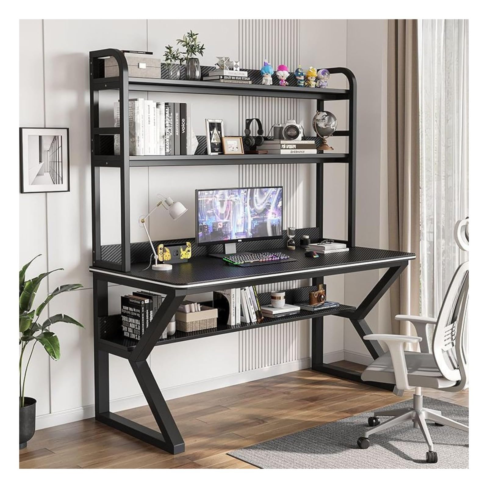 Wdsopk Black Computer Desk Home Office Desk Computer Desk With Hutch And Bookshelf, Pc Study Writing Desk,Bookshelf Workstation For Study Play Work Bedroom Home Office（-47Inch）