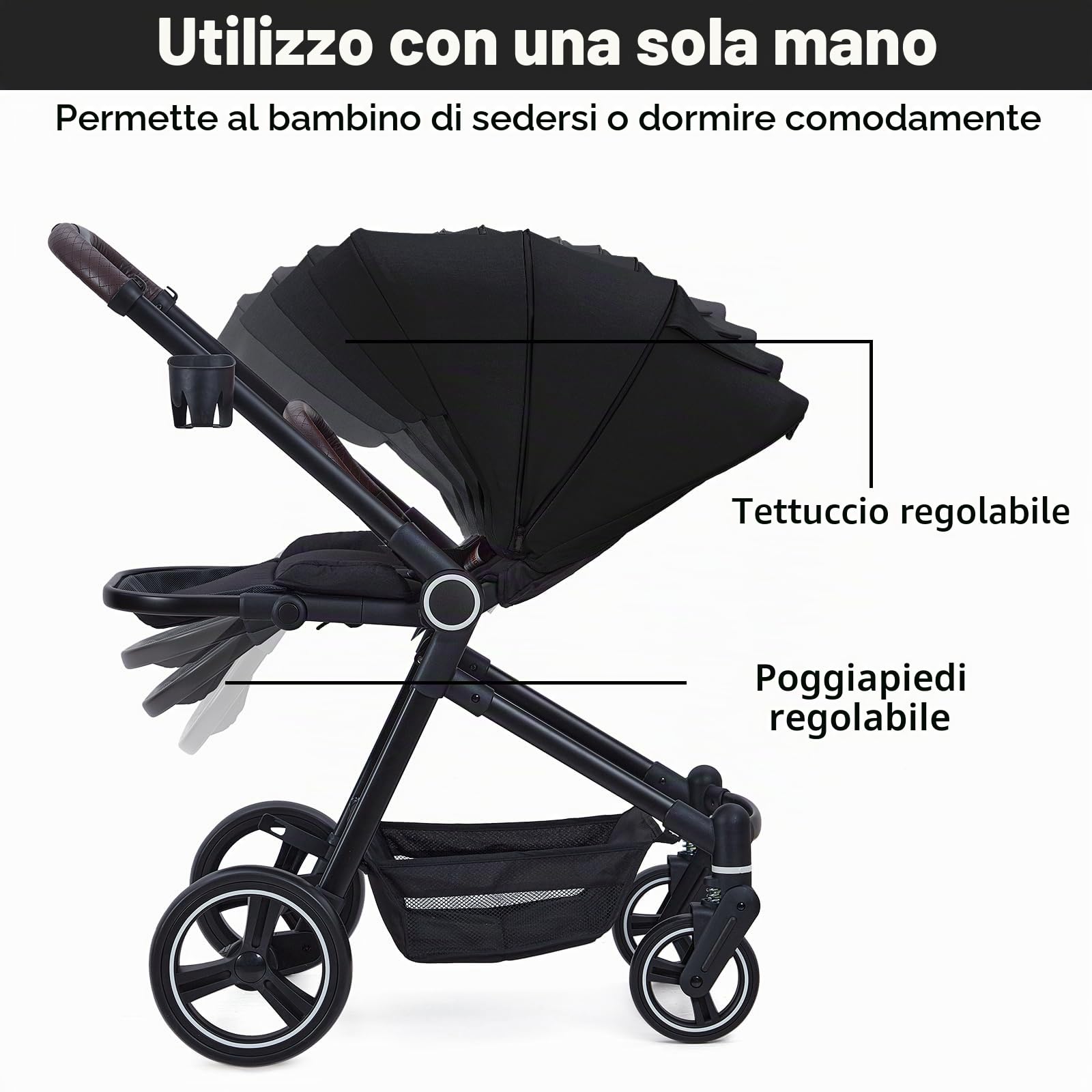 Passeggino, passeggino 3 in 1, set di passeggini con sedile sportivo, passeggino e seggiolino sportivo pieghevole con un clic, portatile, parapioggia, grande tettuccio estraibile