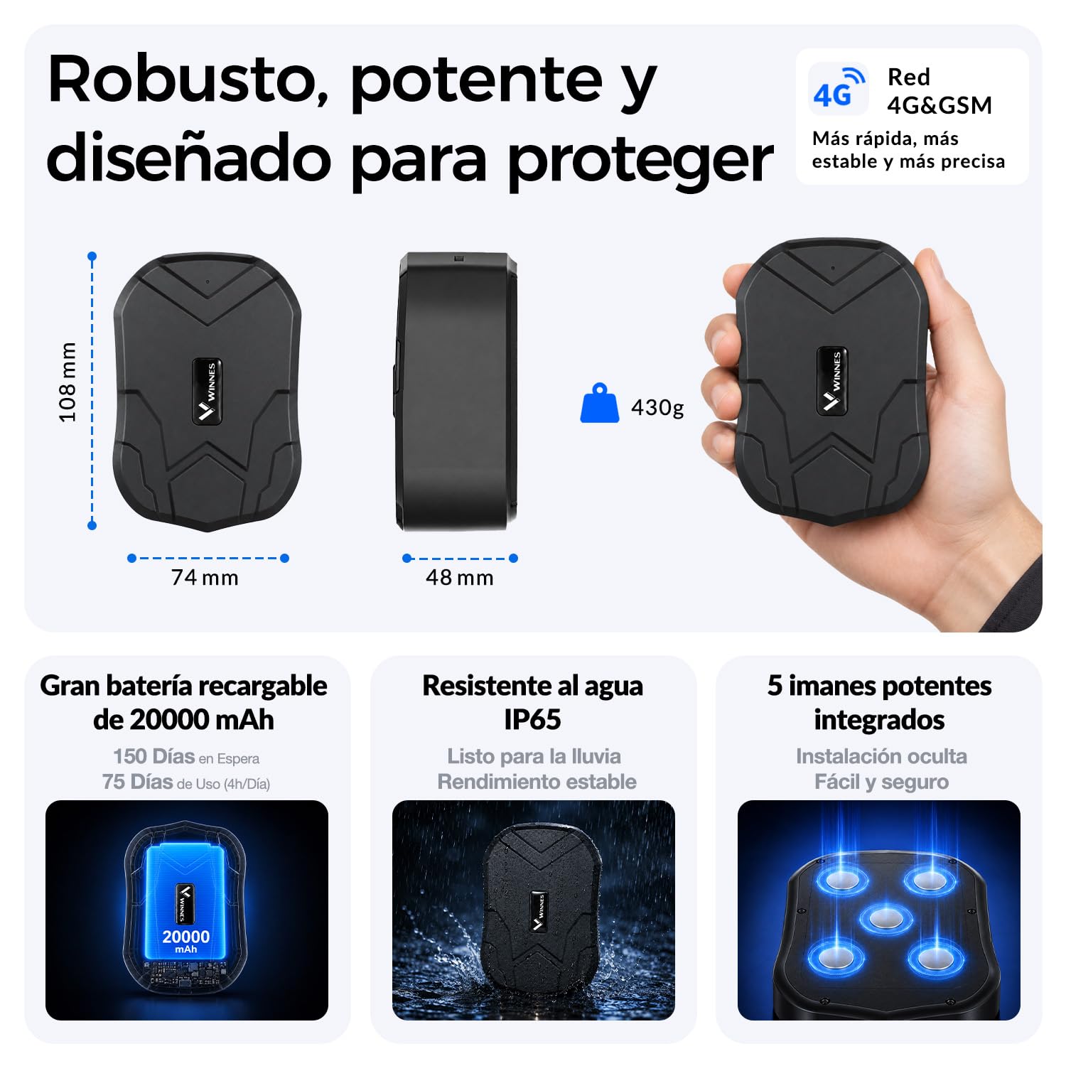 Localizador GPS con Imán para Coches, Rastreador GPS 4G sin Suscripción | Seguimiento en Tiempo Real, Historial de Rutas, Alarmas Antirrobo, 20000mAh Batería, Resistente al Agua IP65, con Tarjeta SIM