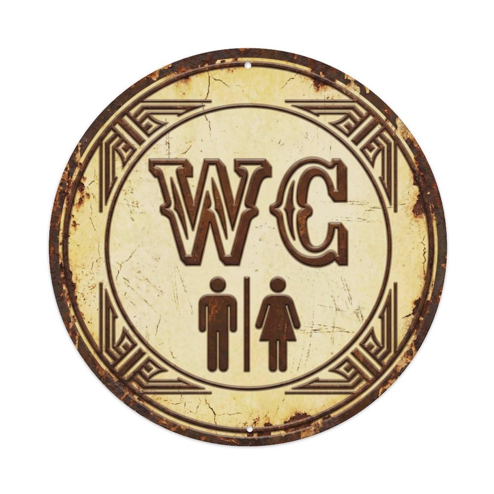 Toilet （WC） Rustic Yellowed Restroom Metal Tin Sign Plaque Wall Decor for Cafe, Club Bar, Office, Home Garden Round Metal Poster 8x8Inch