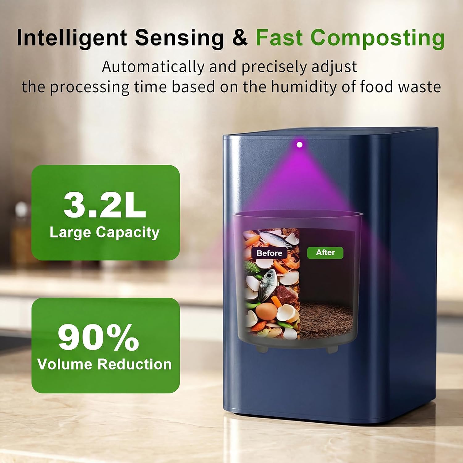 Electric Composter for Kitchen, 3.2L Smart Countertop Compost Bin, Low Noise, Odorless, Indoor Food Waste Composter with LED Display, Auto-Cleaning, Turn Food Waste into Fertilizer,EC04