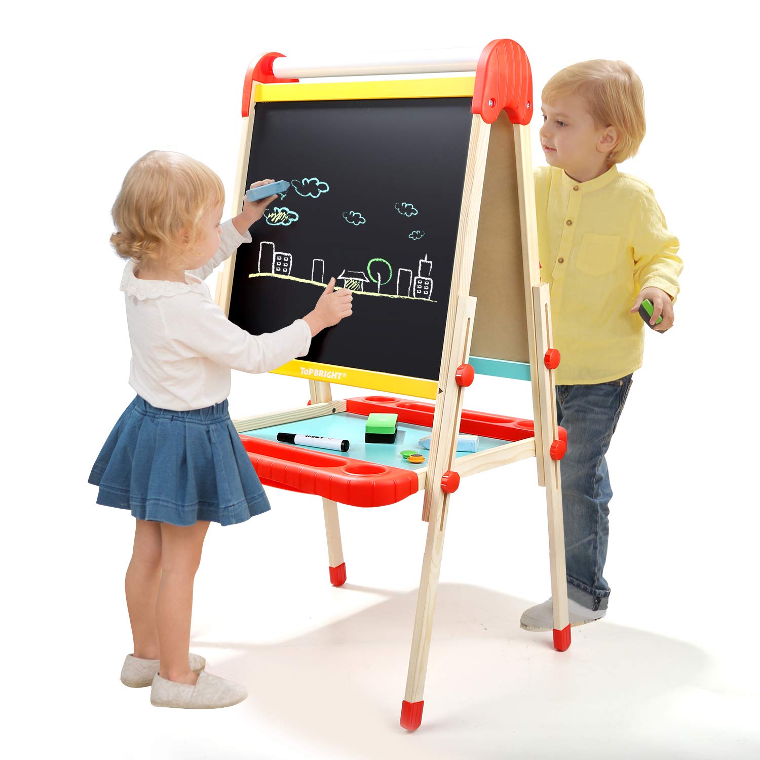 Top Bright Childrens Painting Easel and Blackboard, Wooden Art Easel for Kids, Childs Chalkboard Easel for Toddlers