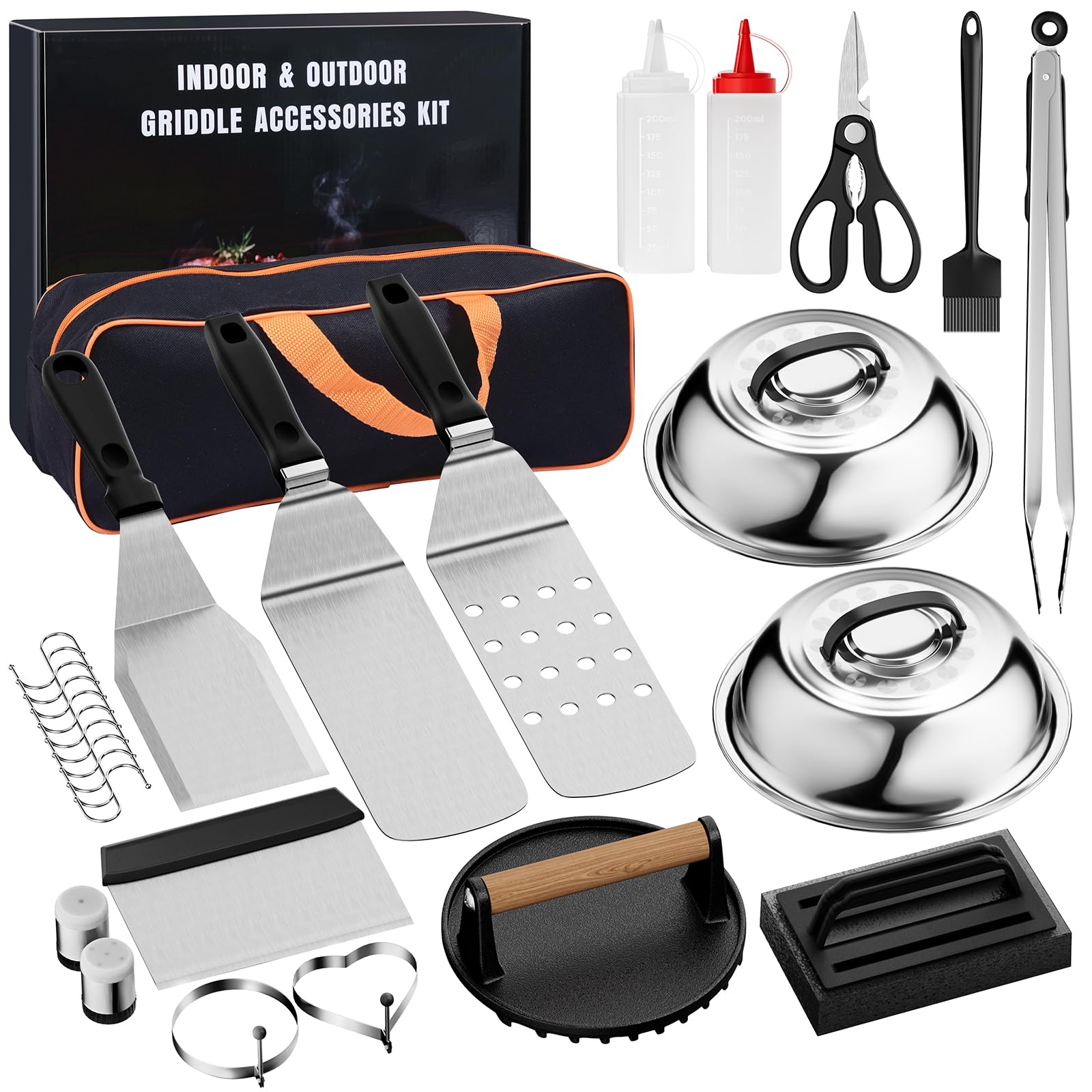 Mavivegue Kit di 28 accessori per piastra Hibachi professionale, set di spatole in metallo con pressa per hamburger, coperchio per ungere, cupola di fusione, pinze, borsa per il trasporto per barbecue