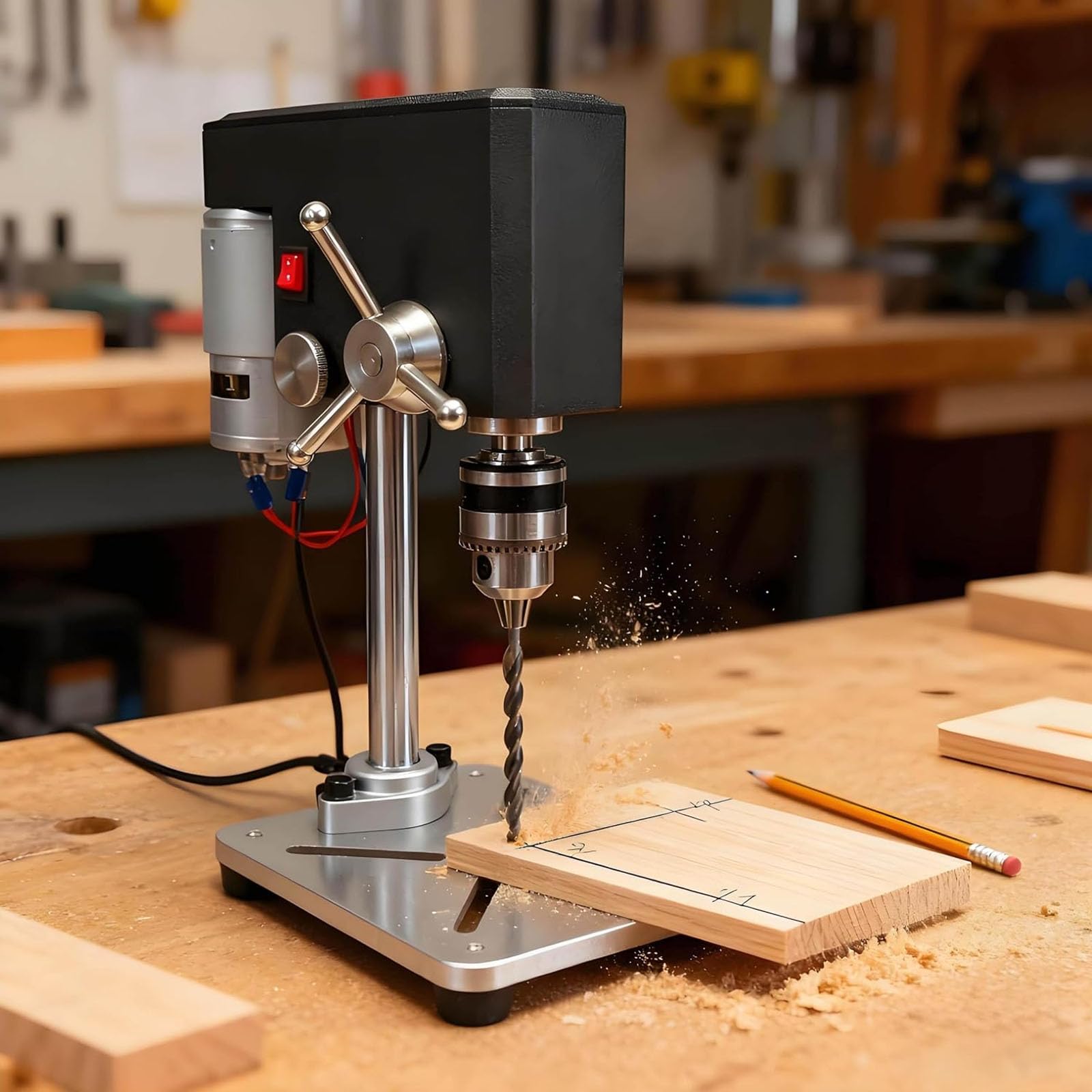 Mini wiertarka stołowa 95 W, maks. 5000 obr./min, regulowany uchwyt o pojemności 6 mm, skok wrzeciona 100 mm, stabilna metalowa podstawa z gniazdami montażowymi, do biżuterii, drewna, plastiku