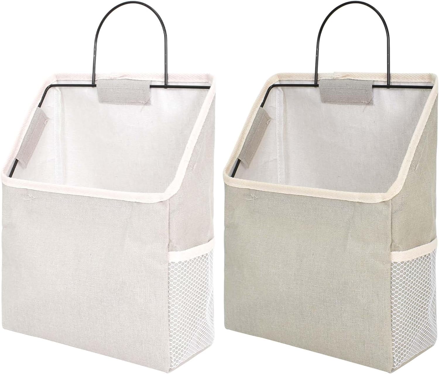 Nramwell 2 PCS Wall Hanging Organiser Bag, Linen Hanging Storage Bag with Hook, Fabric Baskets for Storage with Metal Frame, Gray and White Hanging Organizer for Door Closet Kitchen Office