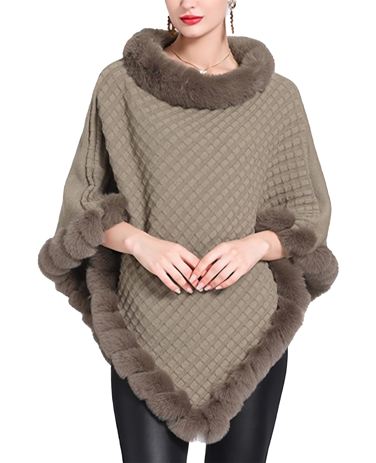 JFAN Ponchos Mujer Capas de Punto Invierno Cálido Elegante Chal con Cuello Redondo Capa de Piel Sintética Térmica para Otoño e Invierno