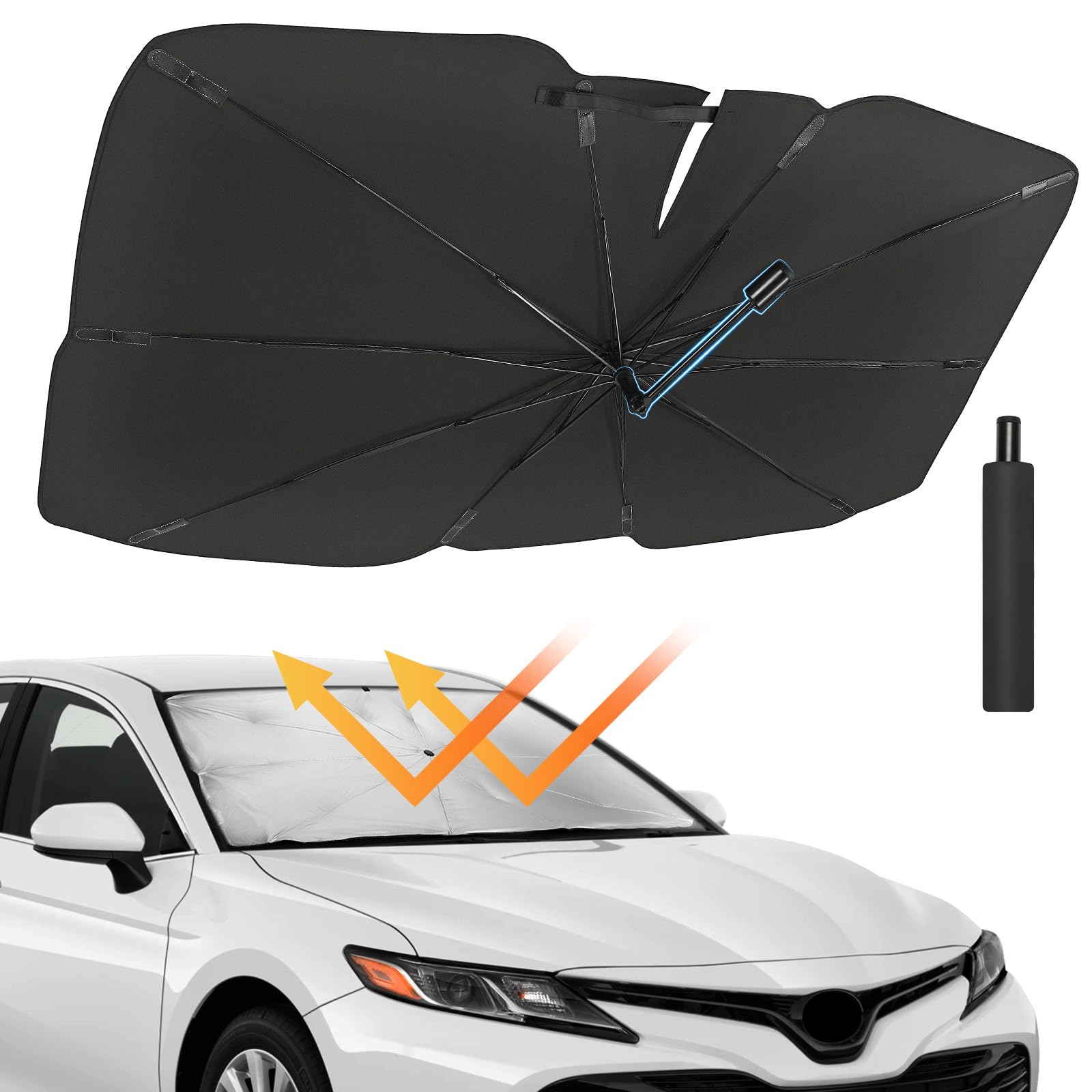 JOYTUTUS Parasol Coche Delantero, Parasol Plegable Coche con Barra Ajustable, Paraguas Parasol Coche Parabrisas Anti UV Rayos, para la mayoría de los Coches,SUV, Camiones (Diseño Patentado UE)