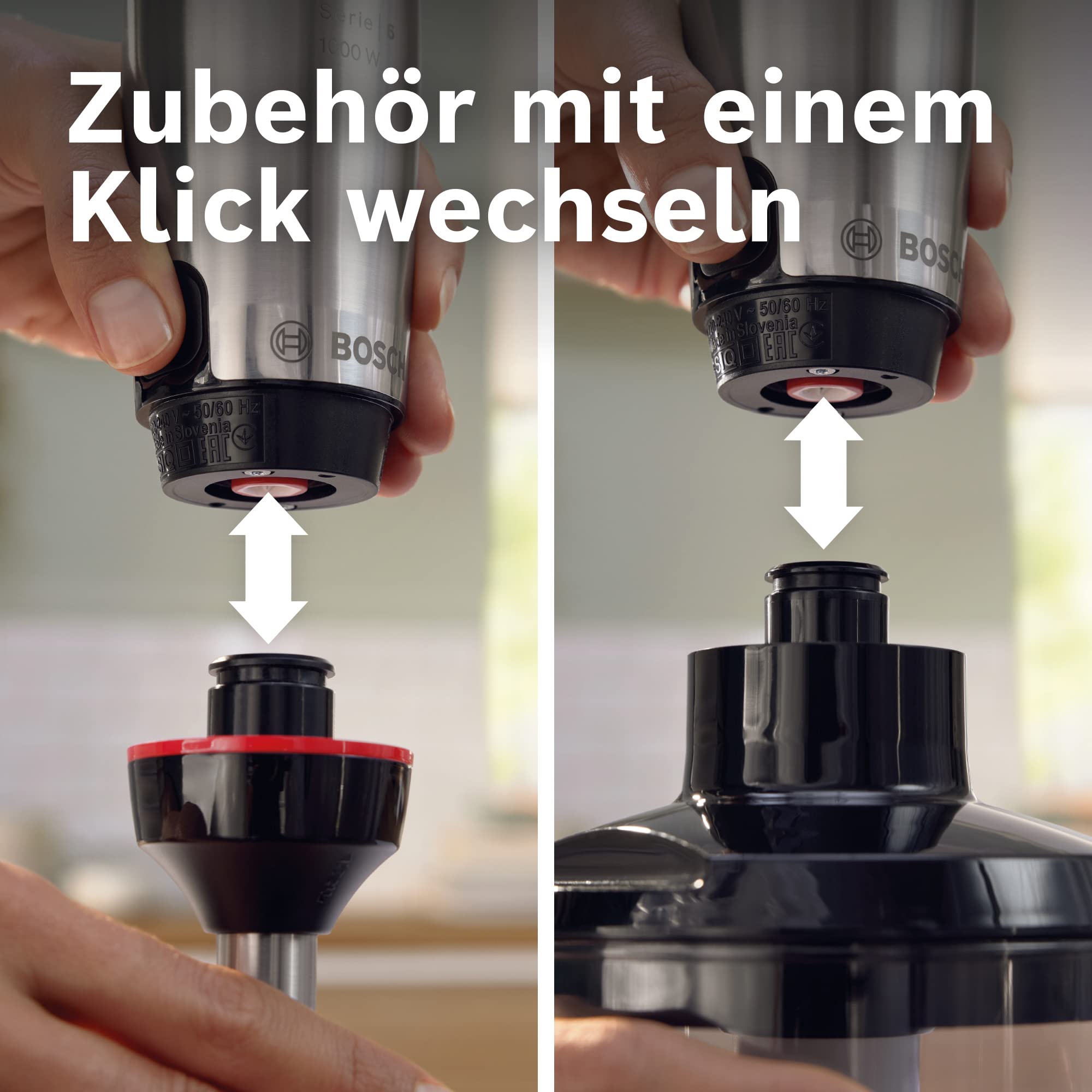 Bosch Blender Ręczny ErgoMaster Serie 6 MSM6M673, 1000 W, 4 Ostrza ze Stali Nierdzewnej, Wygodne sterowanie, Rozdrabniacz, Końcówka do Puree, Trzepaczka, Czarny/Srebrny