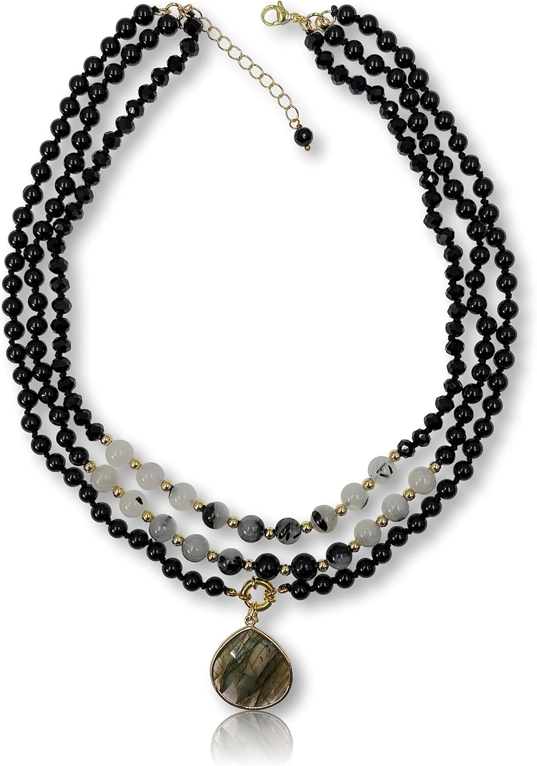 MGR MY GEMS ROCK! Onyx Rutilated Quartz Handmade Triple Strand Necklace with Labradorite Pendant - Elegant Statement Jewelry, Beaded Handmade Necklaces, Necklaces for Women