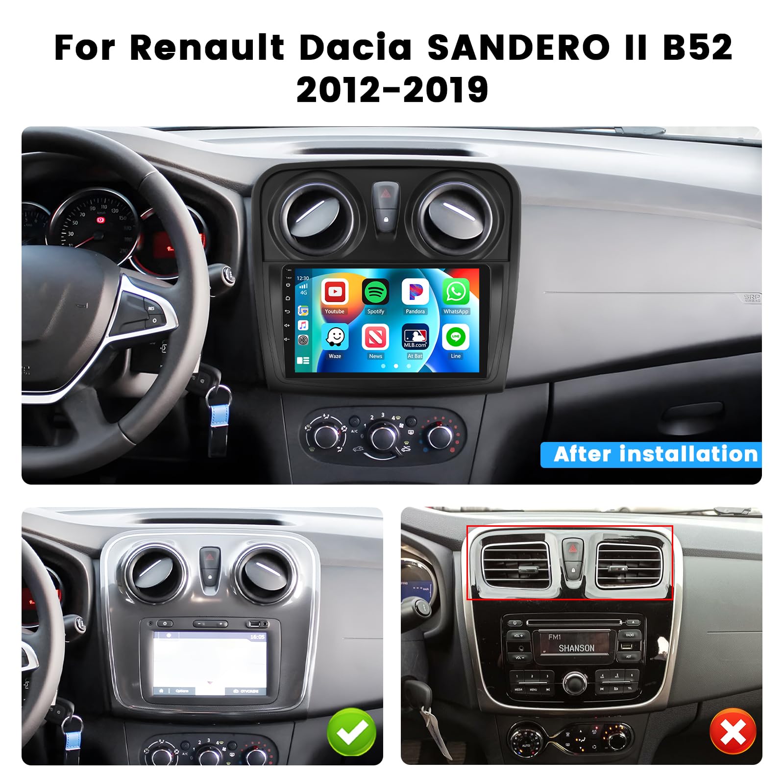 Hikity 2+64G 9" Autoradio Android pour Renault Dacia Sandero 2014-2017