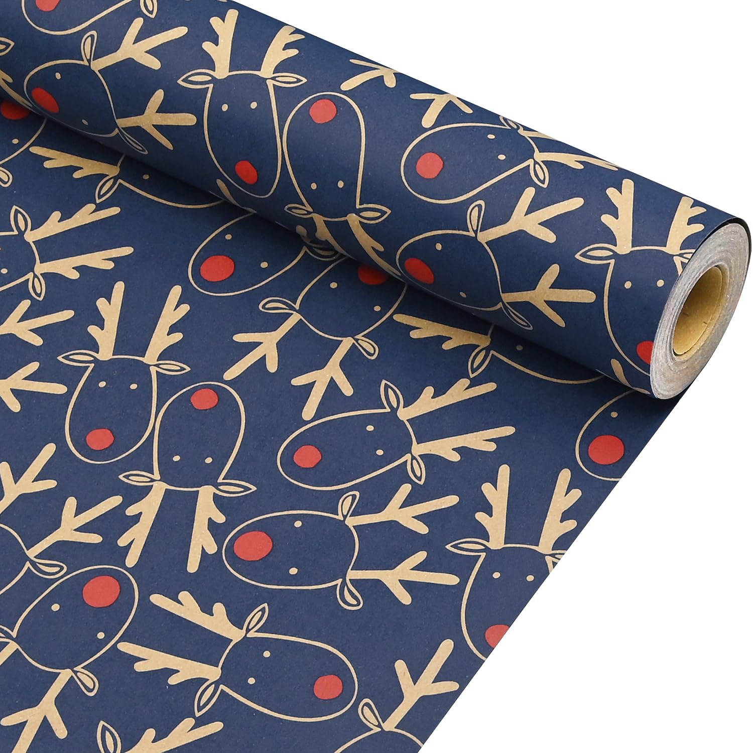 QRTDXP Christmas Wrapping Paper Rolls,43cm*12m Blue Kraft Gifts Paper with Red Nosed Deer Head,Xmas Kraft Paper for Wrapping Gifts