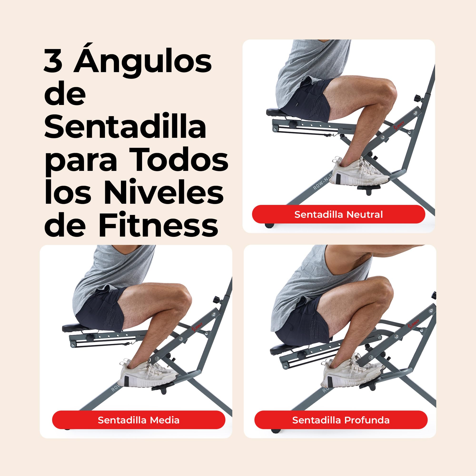 Sunny Health & Fitness Inteligente Row-N-Ride Máquina Plegable | Entrenador de Glúteos y Piernas, 3 Ángulos de Sentadilla, 4-Niveles de Resistencia, App SunnyFit, 150 kg Capacidad