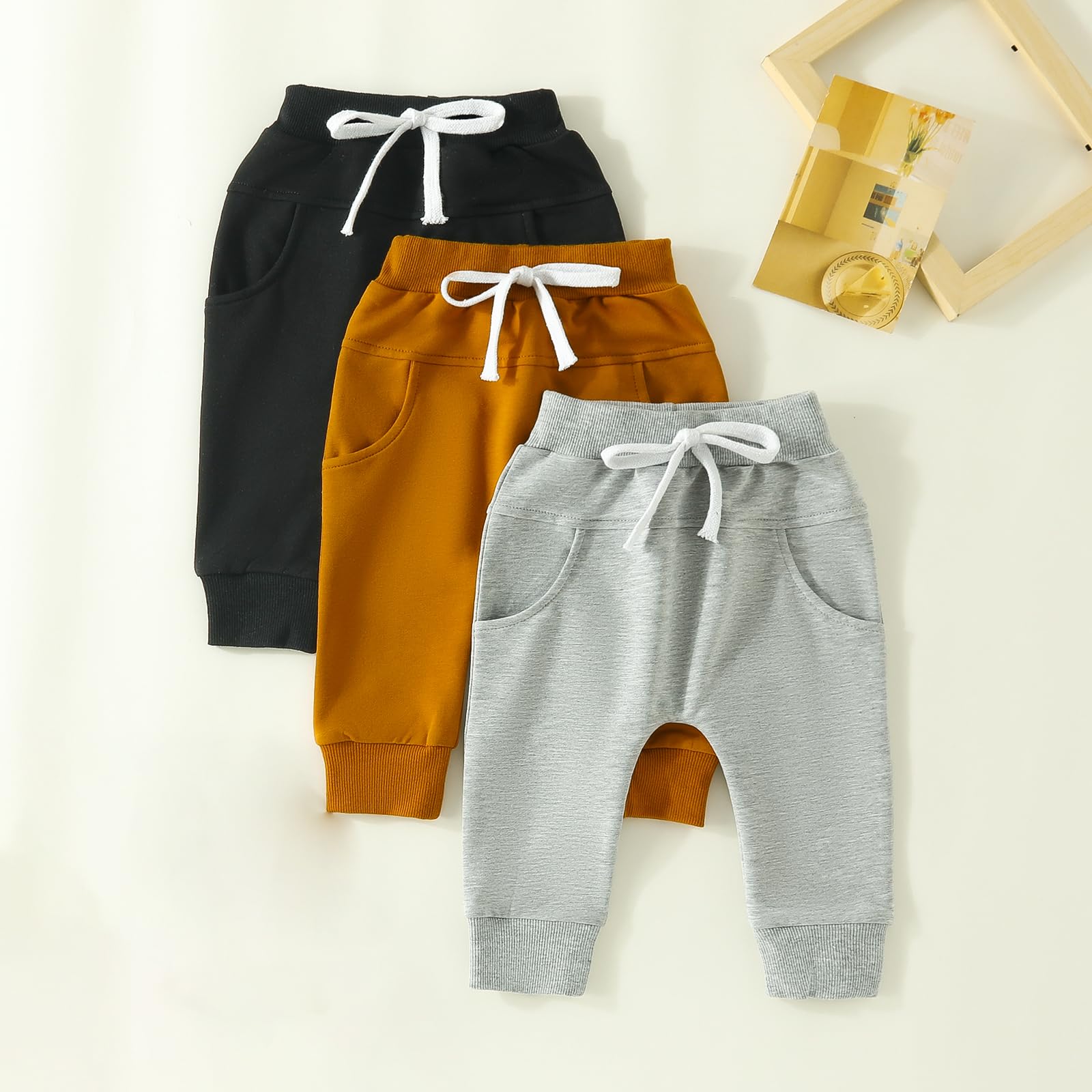 Toddler Baby Boy Girl 3 Pack Jogger Pants Ribbed Cotton Solid Color Drawstring Active Sweatpants Fall Winter Clothes (Black Brown Grey, 12-18 Months)