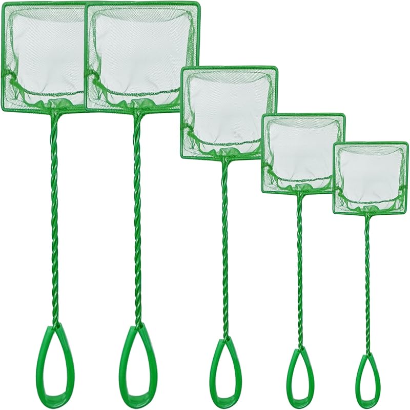 Paquete de 5 redes para peces de acuario, redes de pesca de nailon finas y rápidas de varios tamaños con mango largo de plástico para pecera, verde (3 pulgadas, 4 pulgadas, 5 pulgadas, 6 pulgadas, 6 pulgadas)