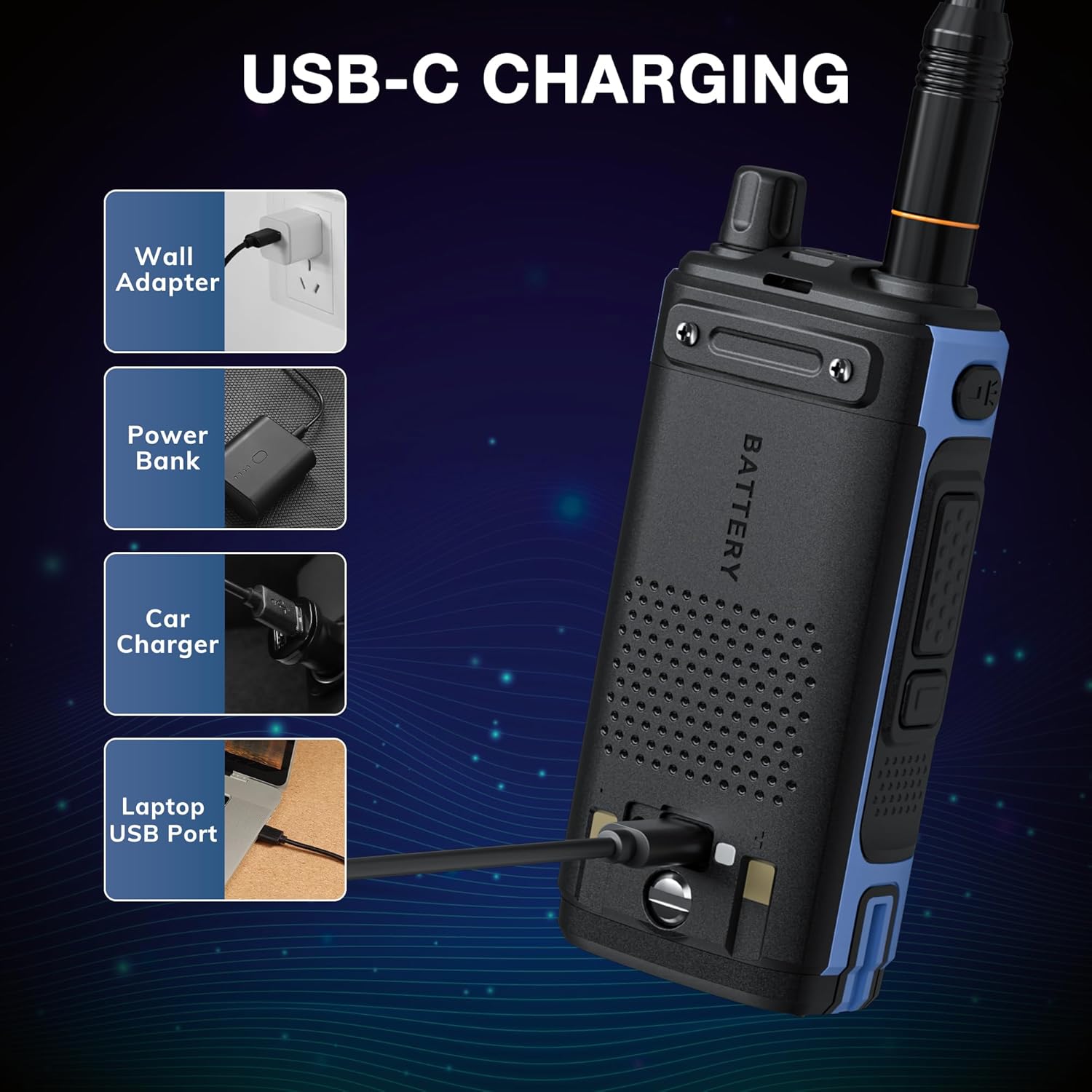 BAOFENG UV-7B radio being charged via its USB-C port, with illustrations of various power sources like a wall adapter, power bank, car charger, and laptop USB port.