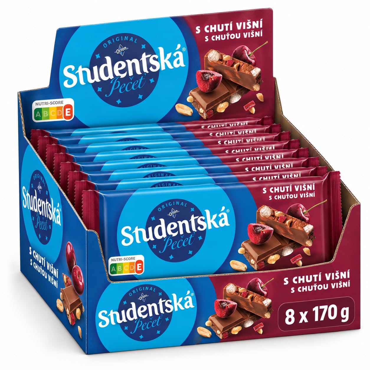 Orion Studentská pečeť, czekolada mleczna z orzeszkami ziemnymi i galaretką, o smaku wiśni, 8 × 170 g (1,36 kg)