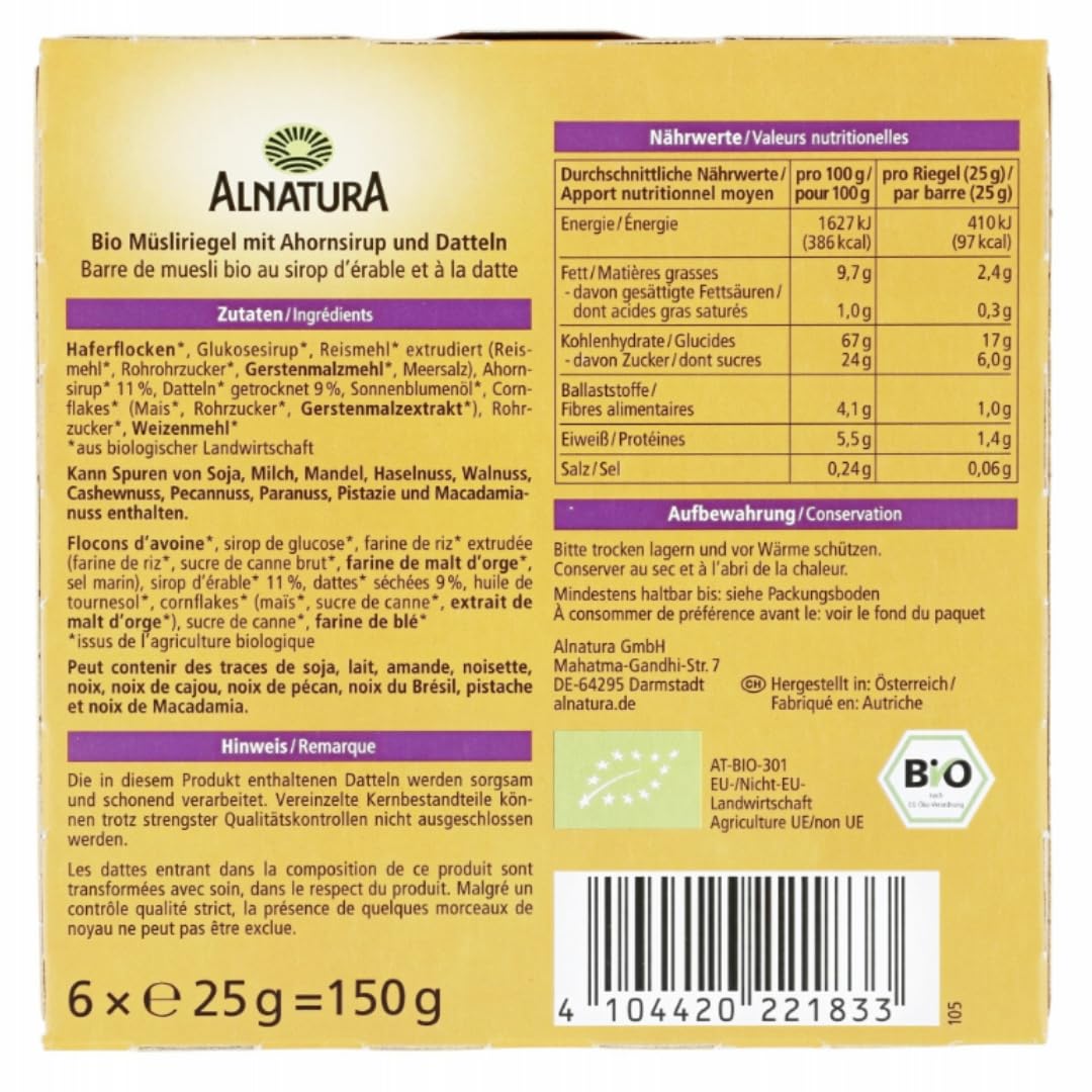 Alnatura Müsli Riegel Ahorn Dattel Müsliriegeln (6er Pack) 150 Gramm x 10 PACKS mit Pufai kostenlosem Überraschungsgeschenk