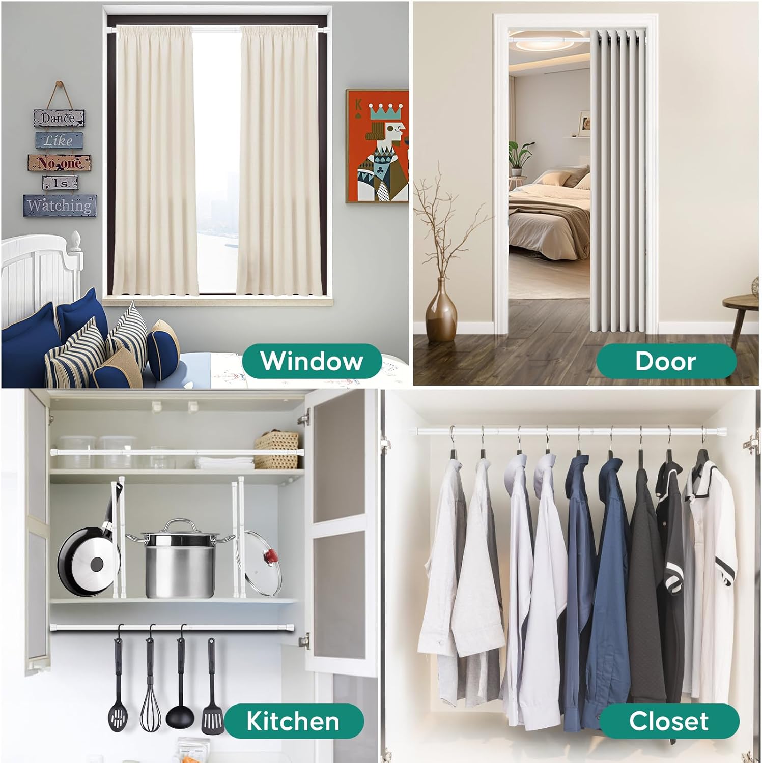 White Adjustable Shower Curtain Rod 28-52 Inches 2 pc, 7/8" Diameter Anti-slip Heavy Duty Tension Spring Curtain Rod No Drill for Windows Bathroom Kitchen Closet Doorway