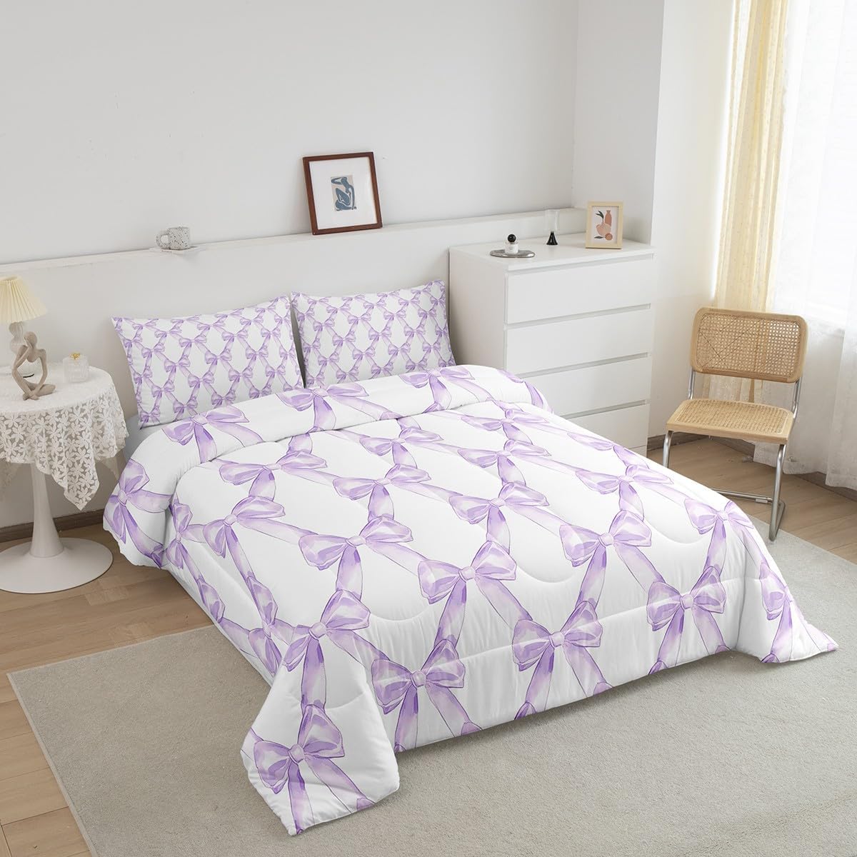 Erosebridal Bow Bedding Comforter Sets Dreamy Princess Style Bowknot Bedding Set Purple Watercolor Bow Tie Comforter Set Full Size for Kids Boys Girls Room Decor,Geometric Ribbon Bowknot Quilt Duvet