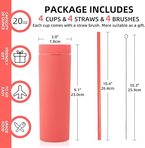 Miniatura 3 de Volhoply Vaso de 20 onzas con tapa y pajita, paquete de 8 vasos delgados de plástico de doble pared a granel, reutilizable, para viaje, lindo taza