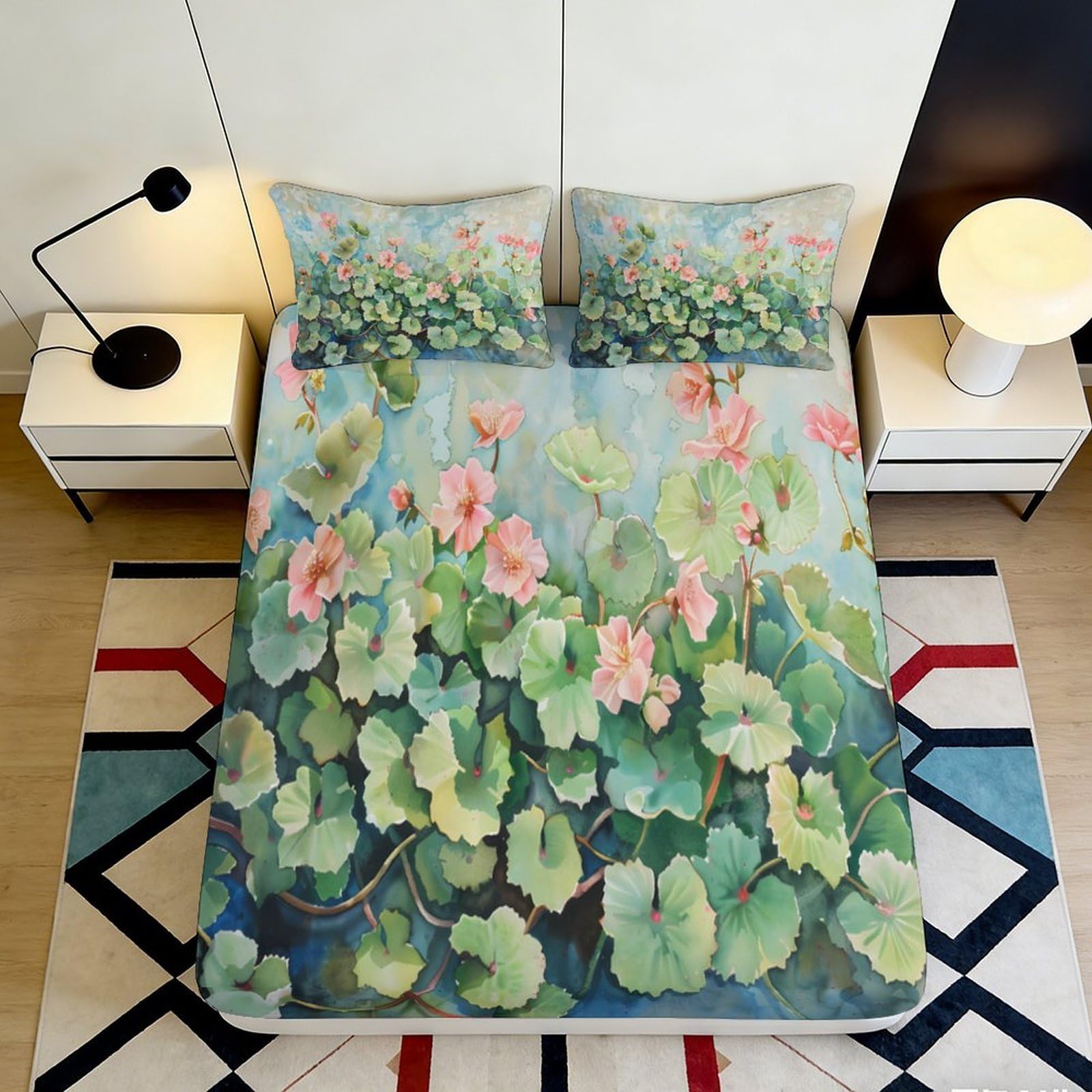 3D Printed Lotus Pond Fitted Sheet Microfiber Soft Breathable Watercolor Blossom Mattress Cover for Bedroom Dorm Decor 200x200x25cm