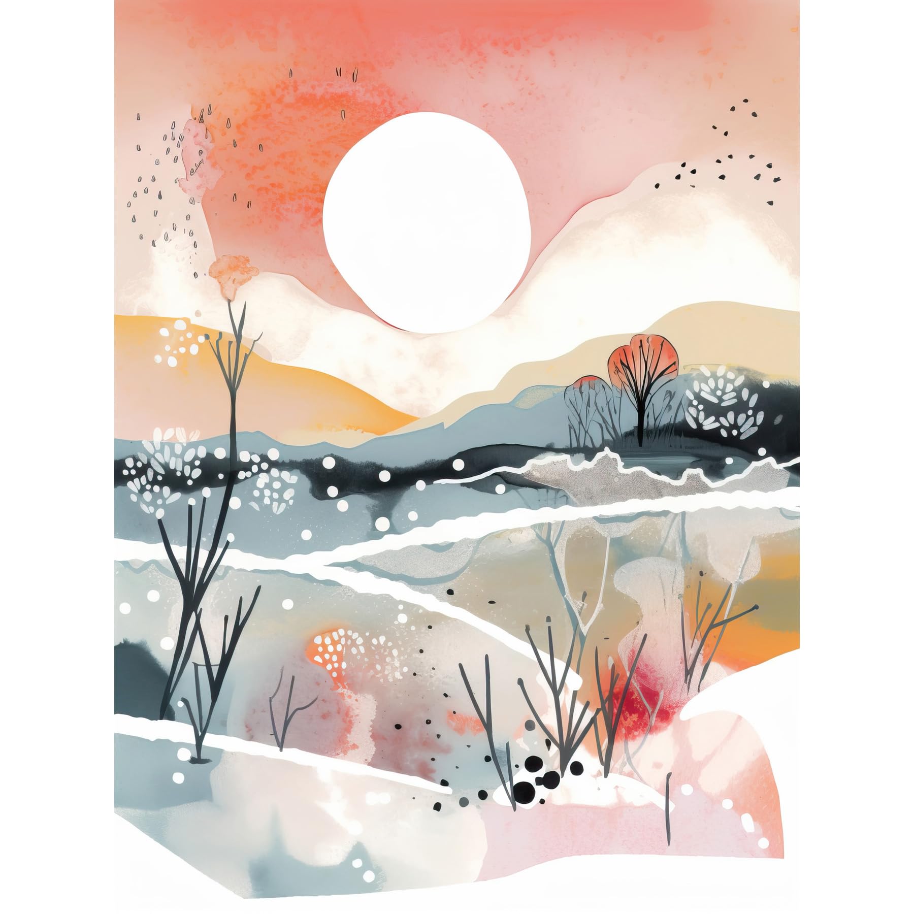 Artery8 Sunset in Winter Landscape Boho Modern Folk Art Large Wall Art Poster Print Thick Paper 18X24 Inch