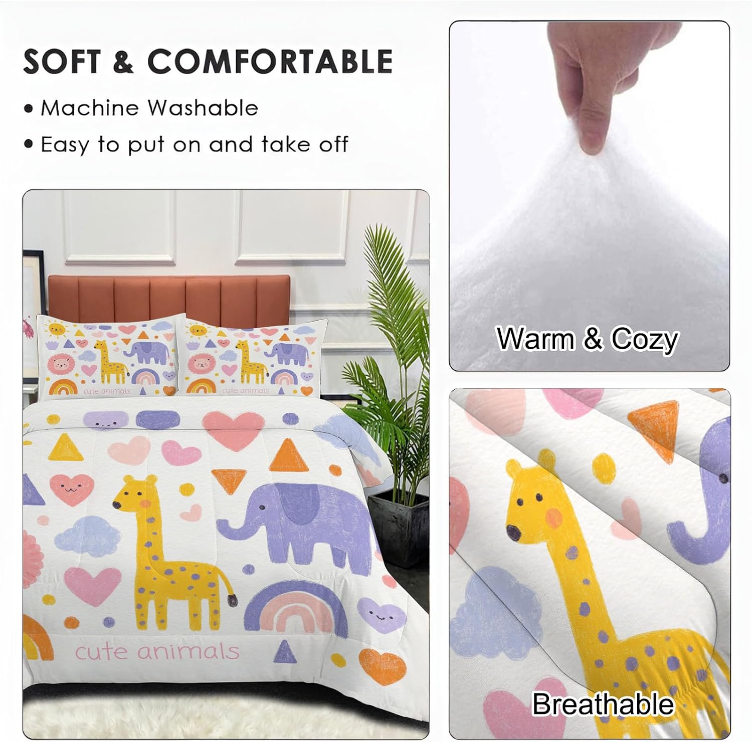 Queen Size Quilt Sets, Cartoon Animals Geometric Pattern Quilt Bedding with 2 Matching Pillowcases, 3 Pieces Children Posters Soft Medium Weight Comforter for All Season(90" x 90")