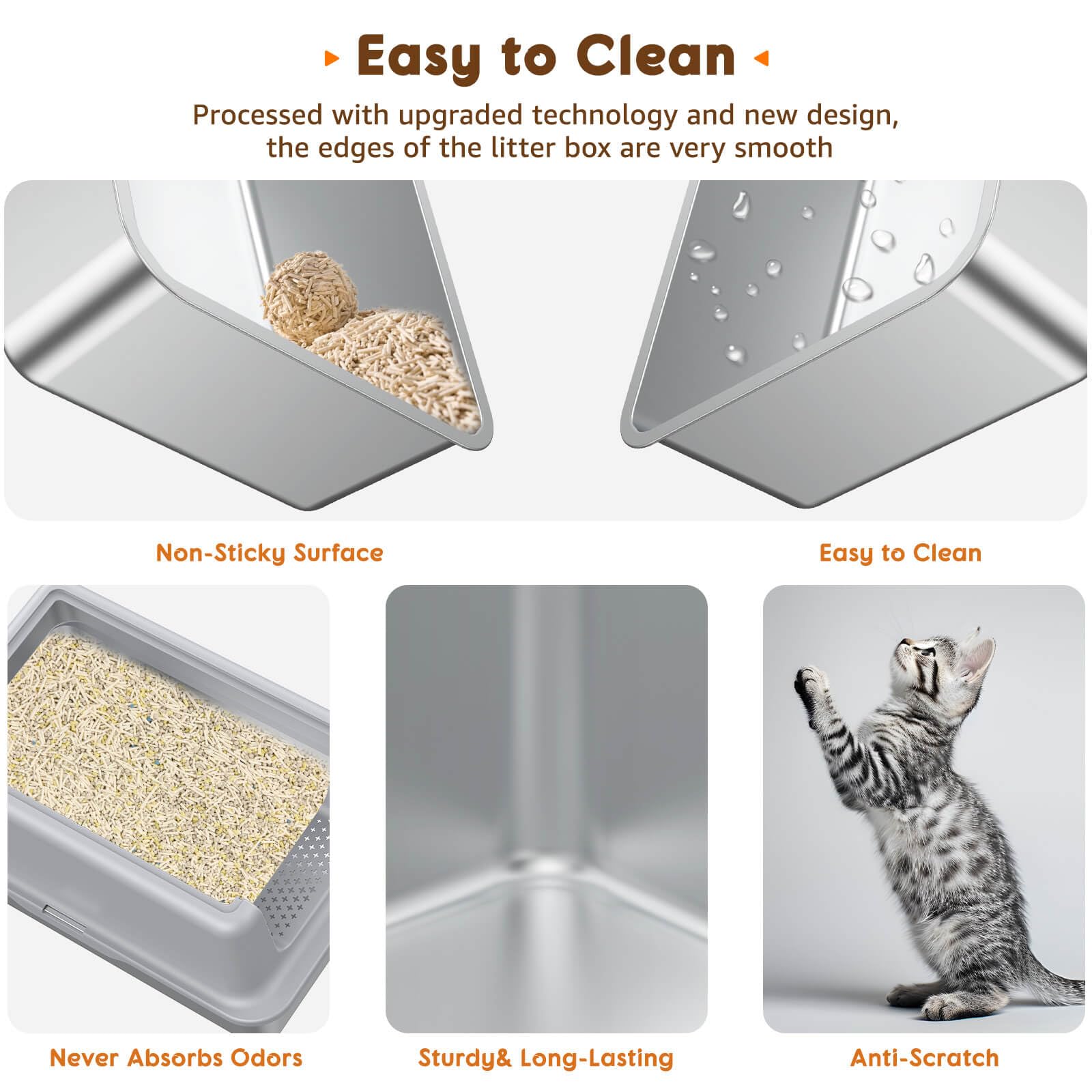 Lettiera in acciaio inox con coperchio, extra large, facile da pulire, in metallo, con paletta e recinzione sui lati alti, per gattini/gattini/piccoli/medi/grandi - grigio