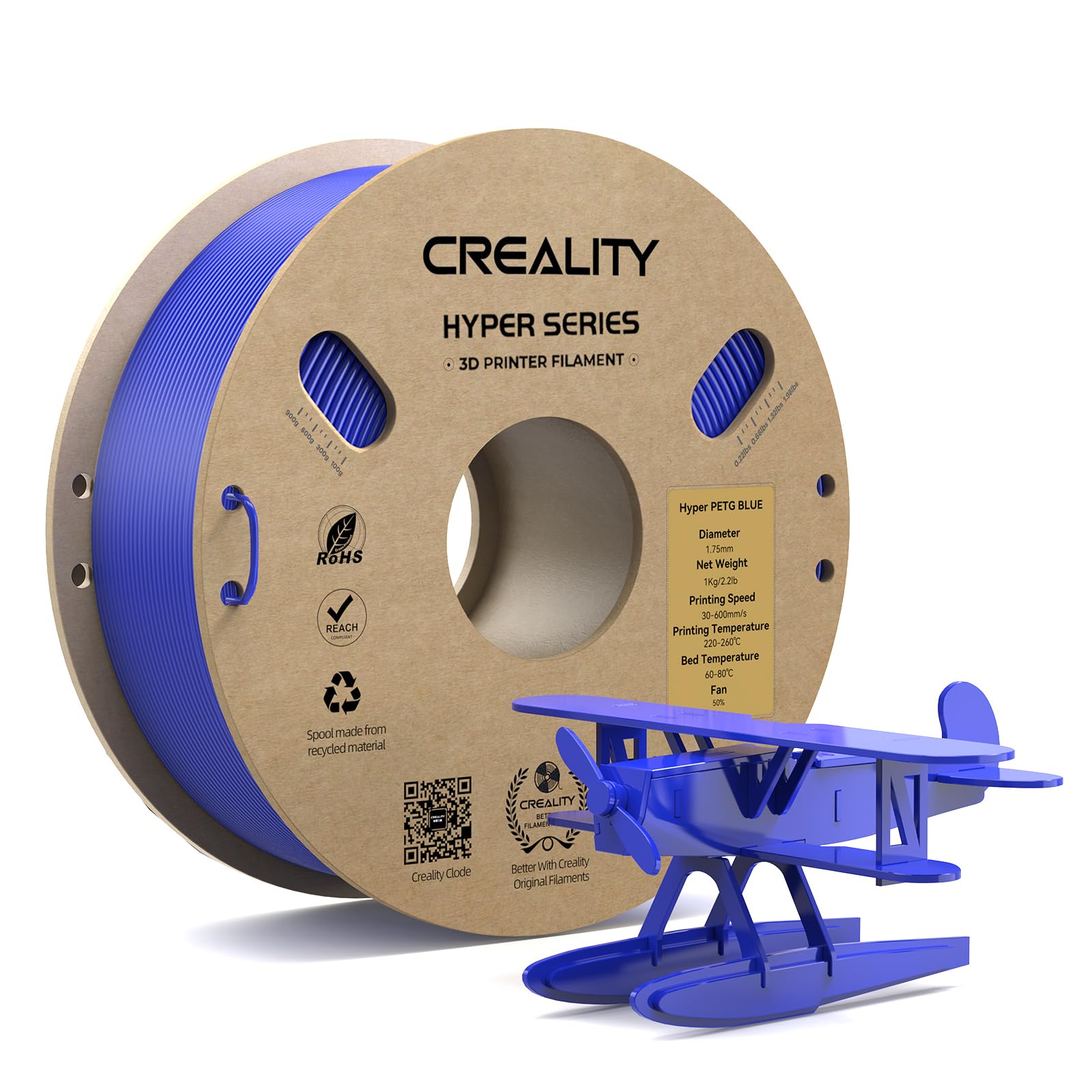 CREALITY Hyper PETG Filament 1.75mm 3D Printer Filament, Up to 600mm/s High Speed Rapid PETG, 1kg (2.2lb) Neatly Wound Cardboard Spool, Dimensional Accuracy ±0.03mm, Fit for Most 3D Printers, Blue