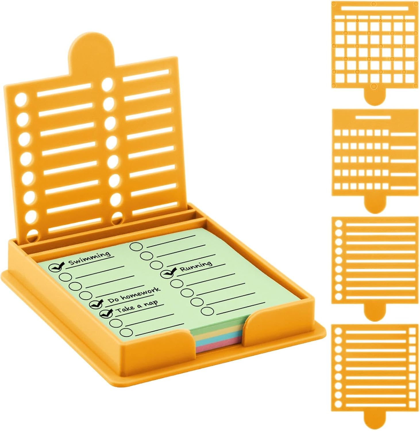 Sticky Note Holder with 5 Different Stencil & 100 Sheet Post It Notes, 3x3 inch Sticky Pads Dispenser with Line Box Drawing Template for Office and Home(COLOR:yellow)