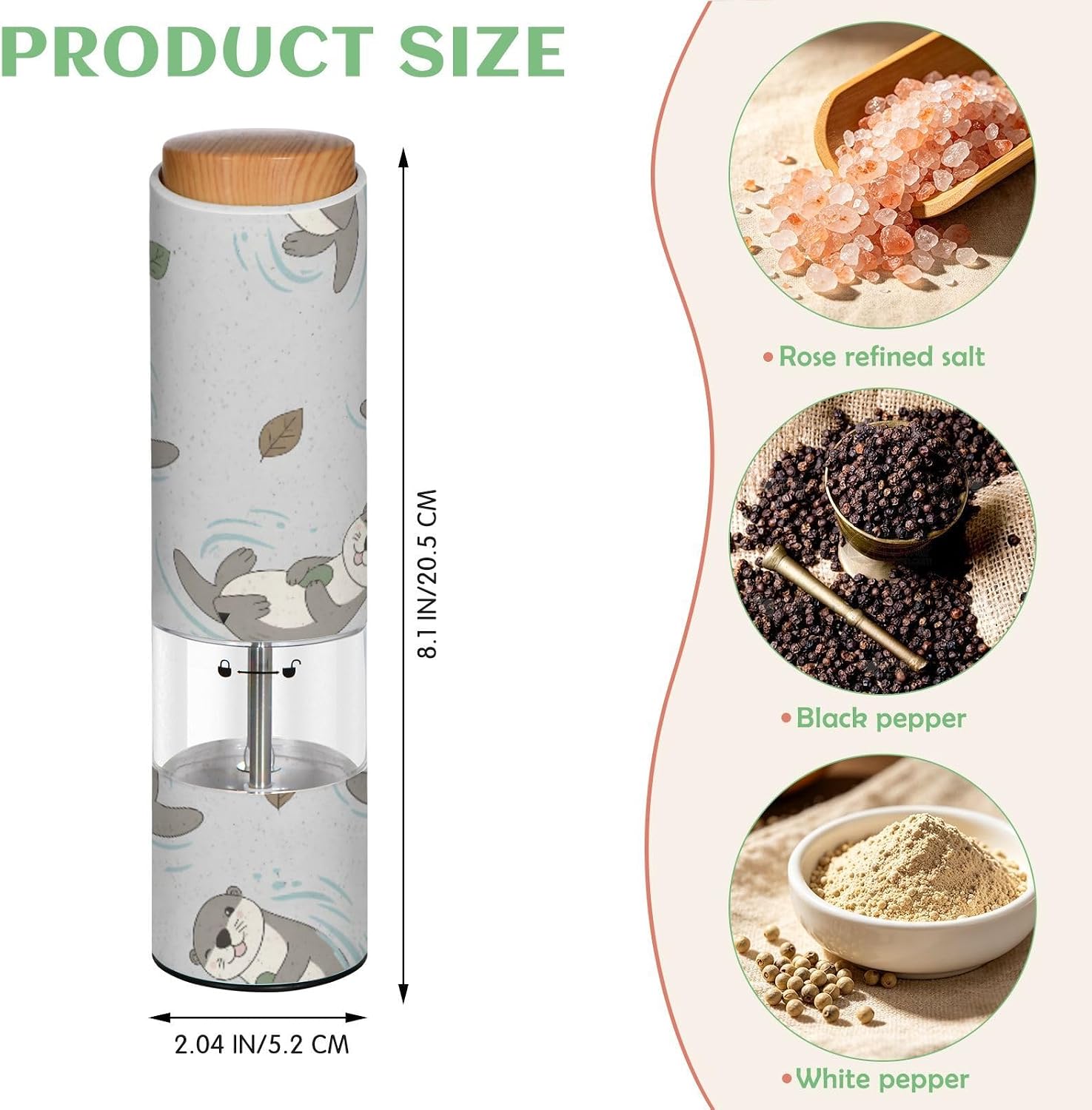 ALAZA Electric Pepper Grinder with Adjustable Coarseness, Otter Leaves Pattern Battery Automatic Salt and Pepper Mill with Led, One-Handed Operation Spice Grinder for Kitchen, Camping & BBQ