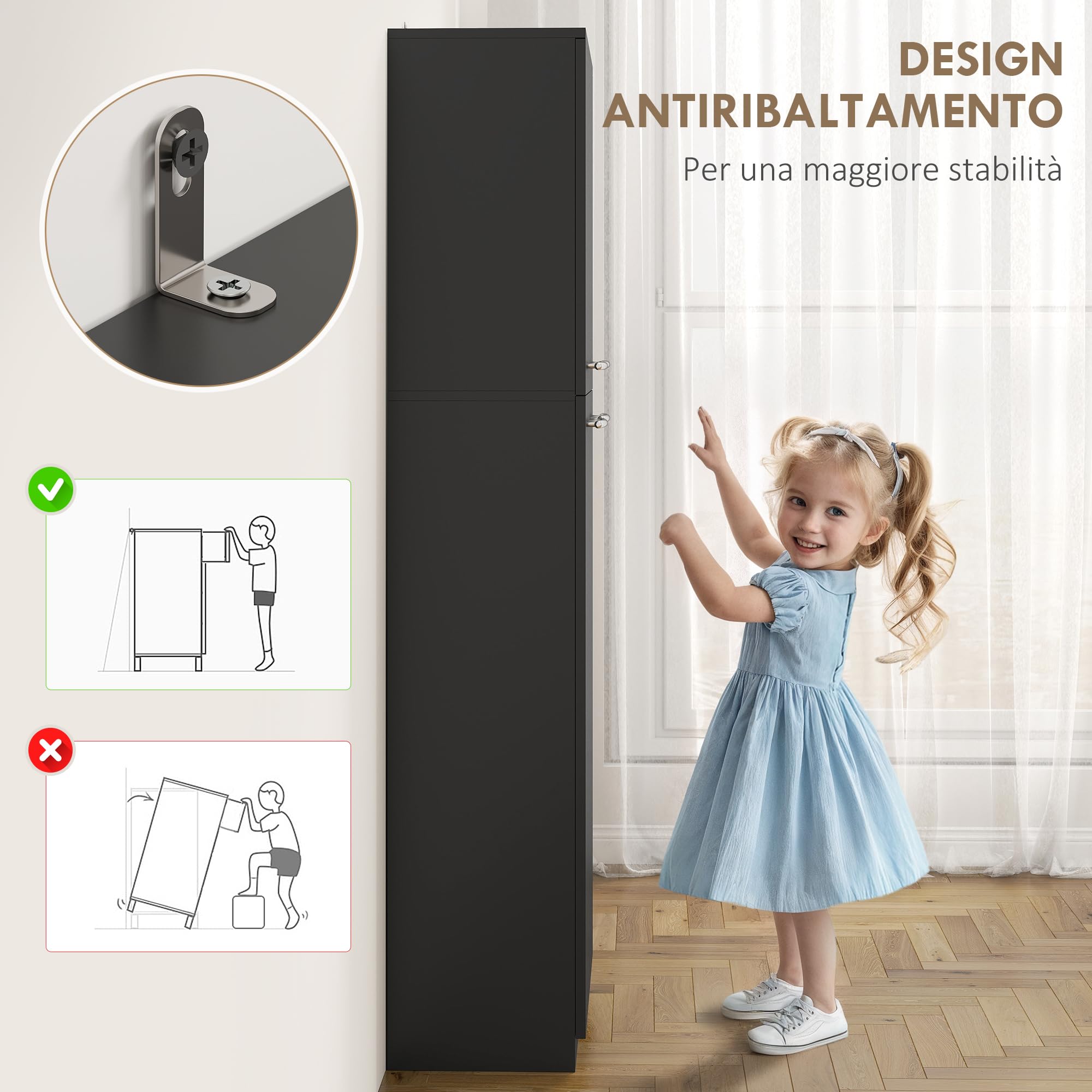 HOMCOM Credenza Cucina, Mobile Dispensa con 2 Armadietti, Mobile Cucina con Ripiani Regolabili in MDF, per Sala da Pranzo, Soggiorno, Salotto, 59x31x155 cm, Nero