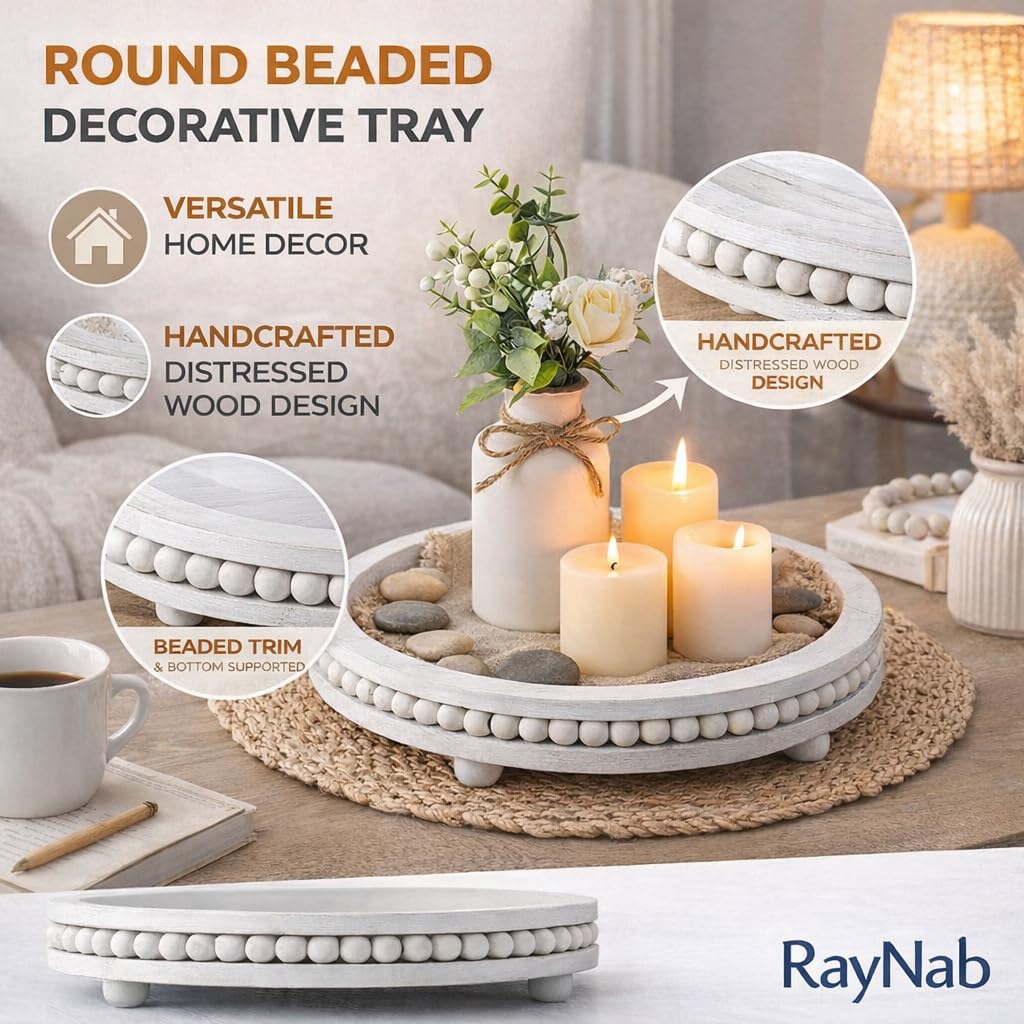 Bandeja decorativa redonda de madera de 11 pulgadas para decoración del hogar, bandeja decorativa blanca con cuentas de madera, bandeja redonda de madera para sala de estar, mesa de café y decoración
