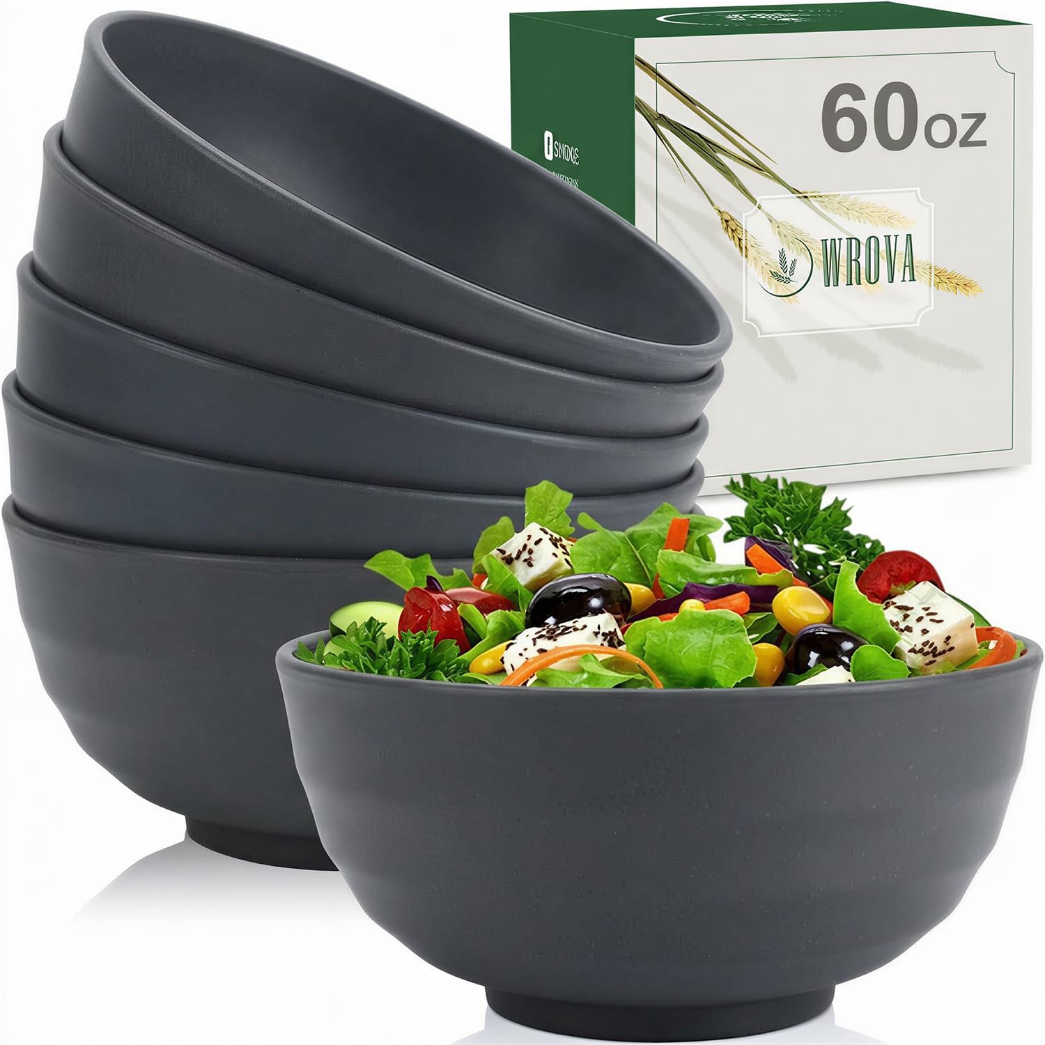Wrova Plastic Bowls Set 60 OZ Unbreakable Large Bowl Set of 6 - Microwave and Dishwasher Safe, Reusable Plastic Bowl for Camping and Party - Big Bowl for Serving Ramen and Salad - Grey