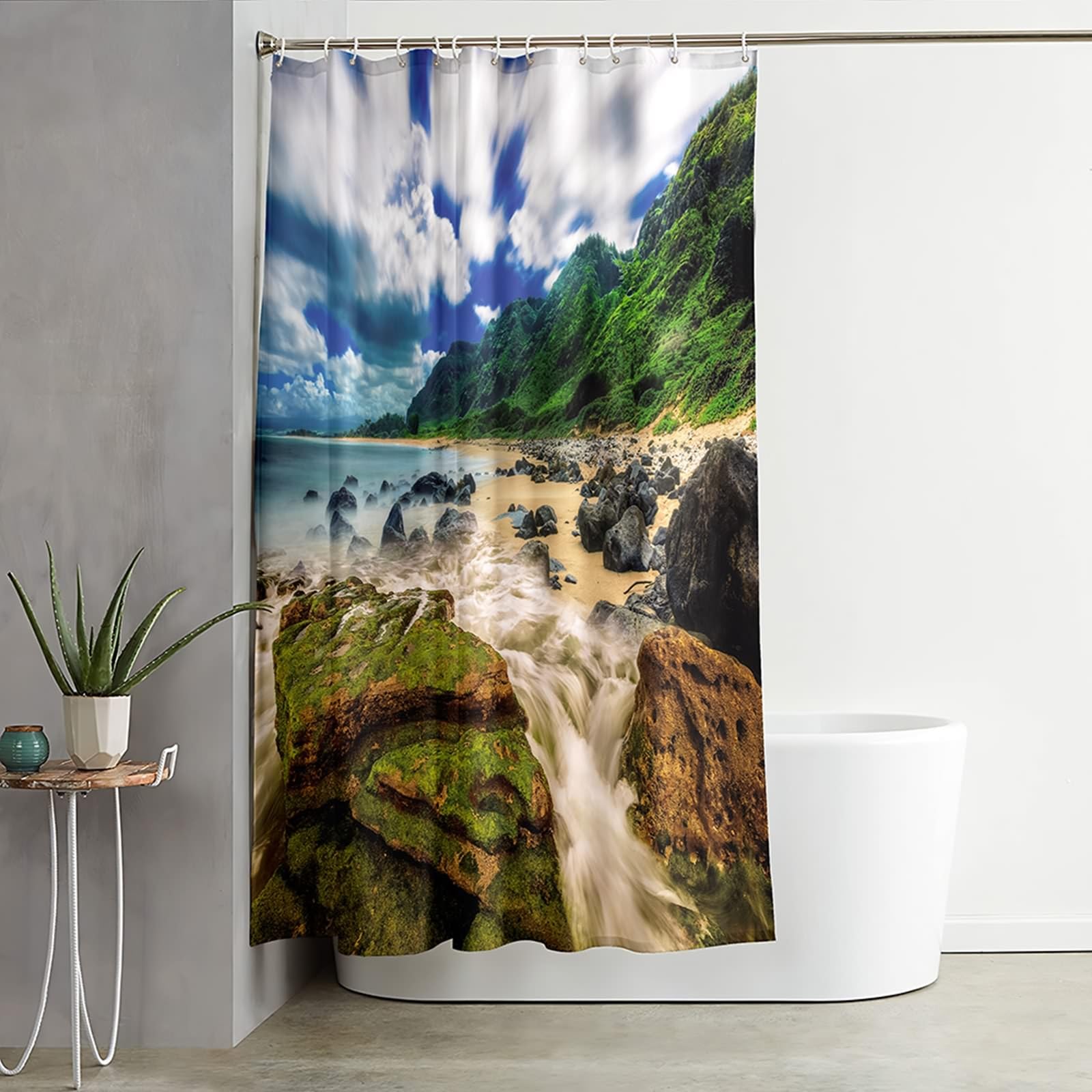 Tenda Doccia Anti Muffa, Poliestere Blu verde Paesaggio montano costiero Tenda doccia per bagno vasca da bagno, 165x200cm