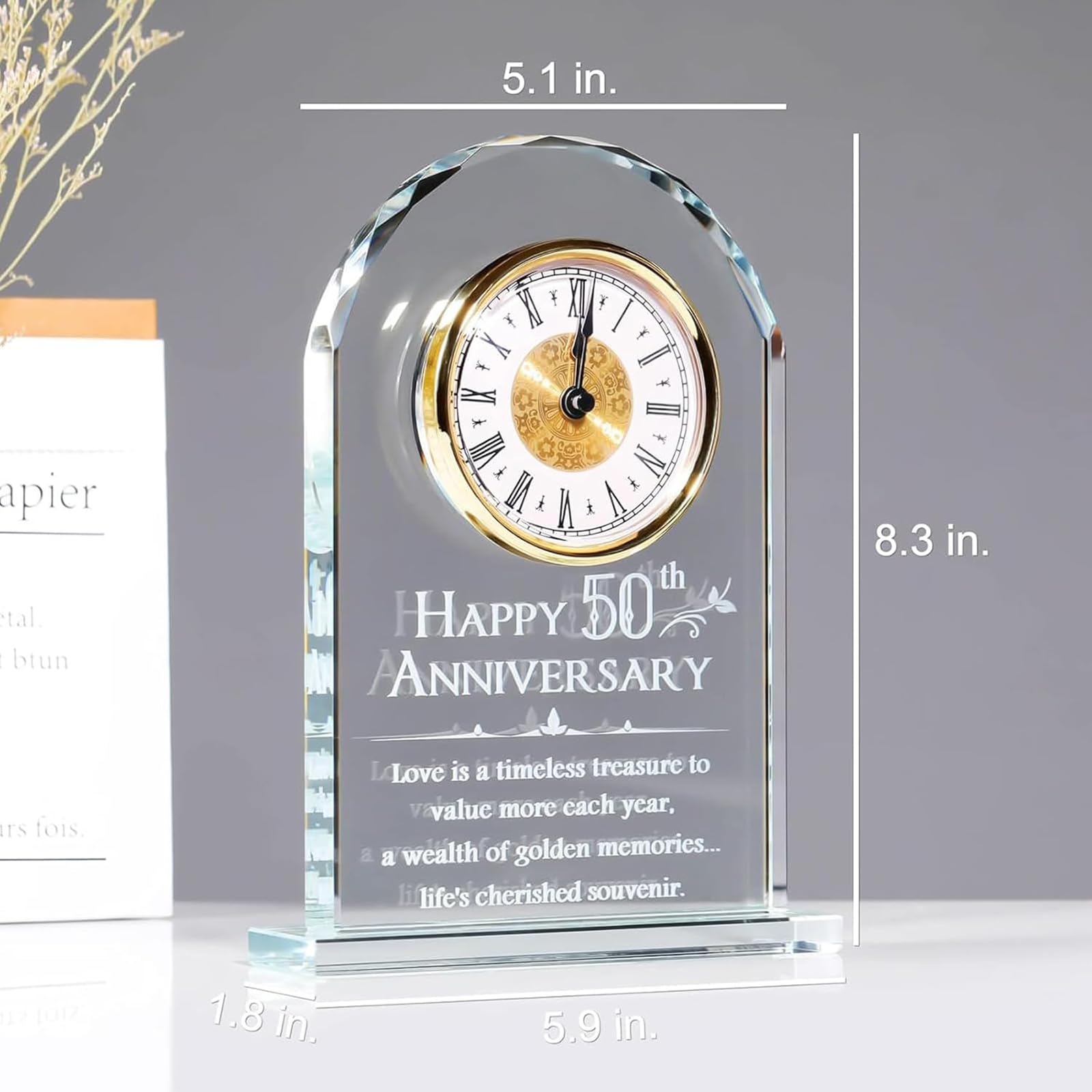Orologio da scrivania in cristallo al quarzo per 50° anniversario di matrimonio, regalo per genitori, decorazione per la cerimonia d'oro