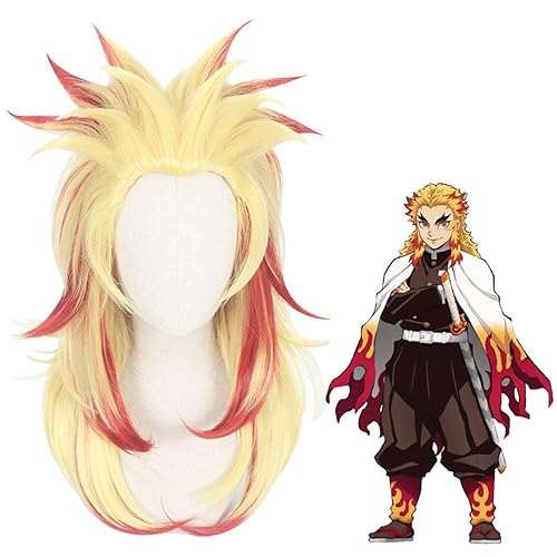 Miniatura 2 de SYIBOO Kimetsu no Yaiba Rengoku Kyoujurou - Pelucas de anime para cosplay, peluca de pelo mixto