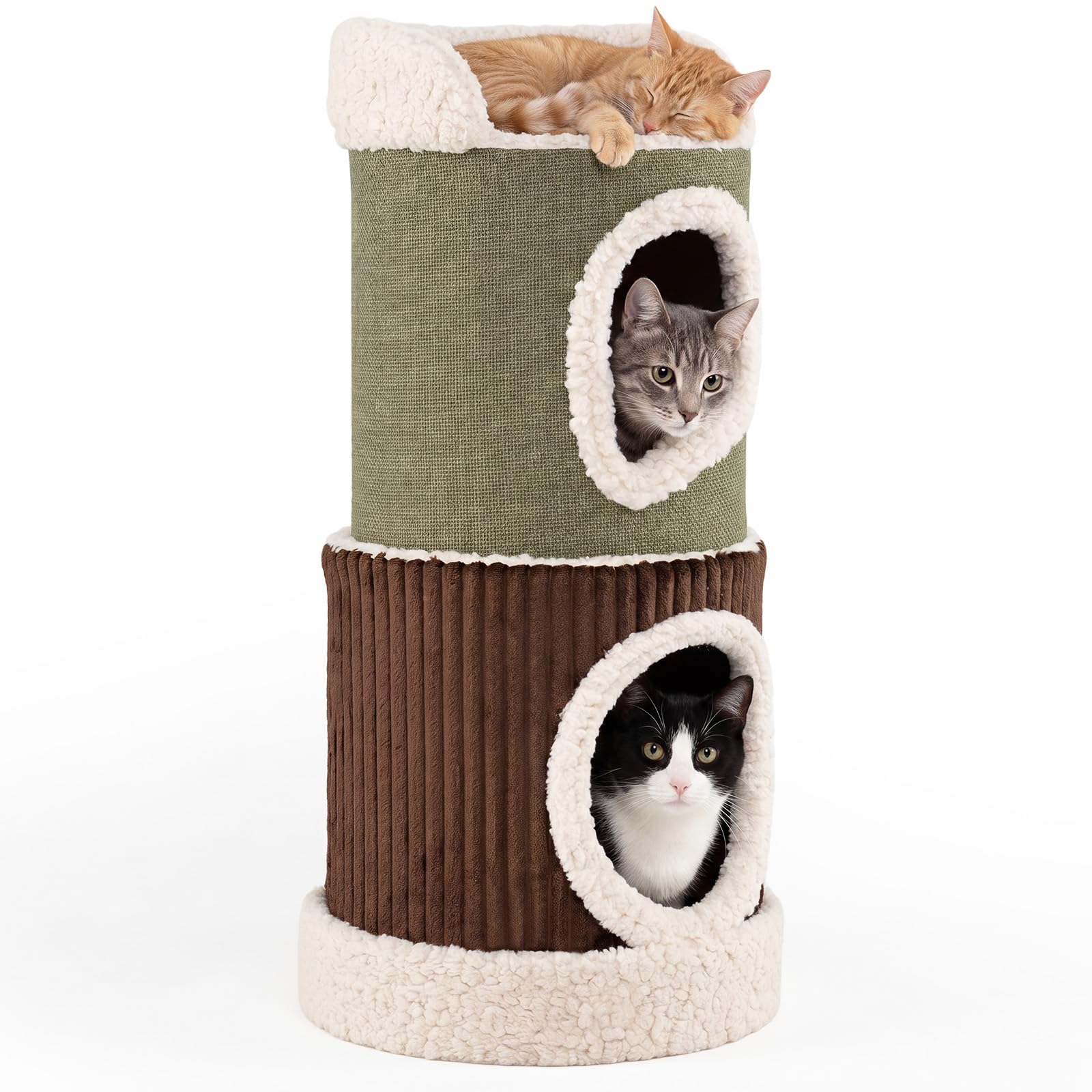 GOPLUS 85 cm Barril Rascador para Gatos de 3 Niveles | Árbol para Gatos con Plataforma Superior, 2 Cuevas, Centro de Actividad Acolchado para Mascotas, Dormitorio, Sala de Estar