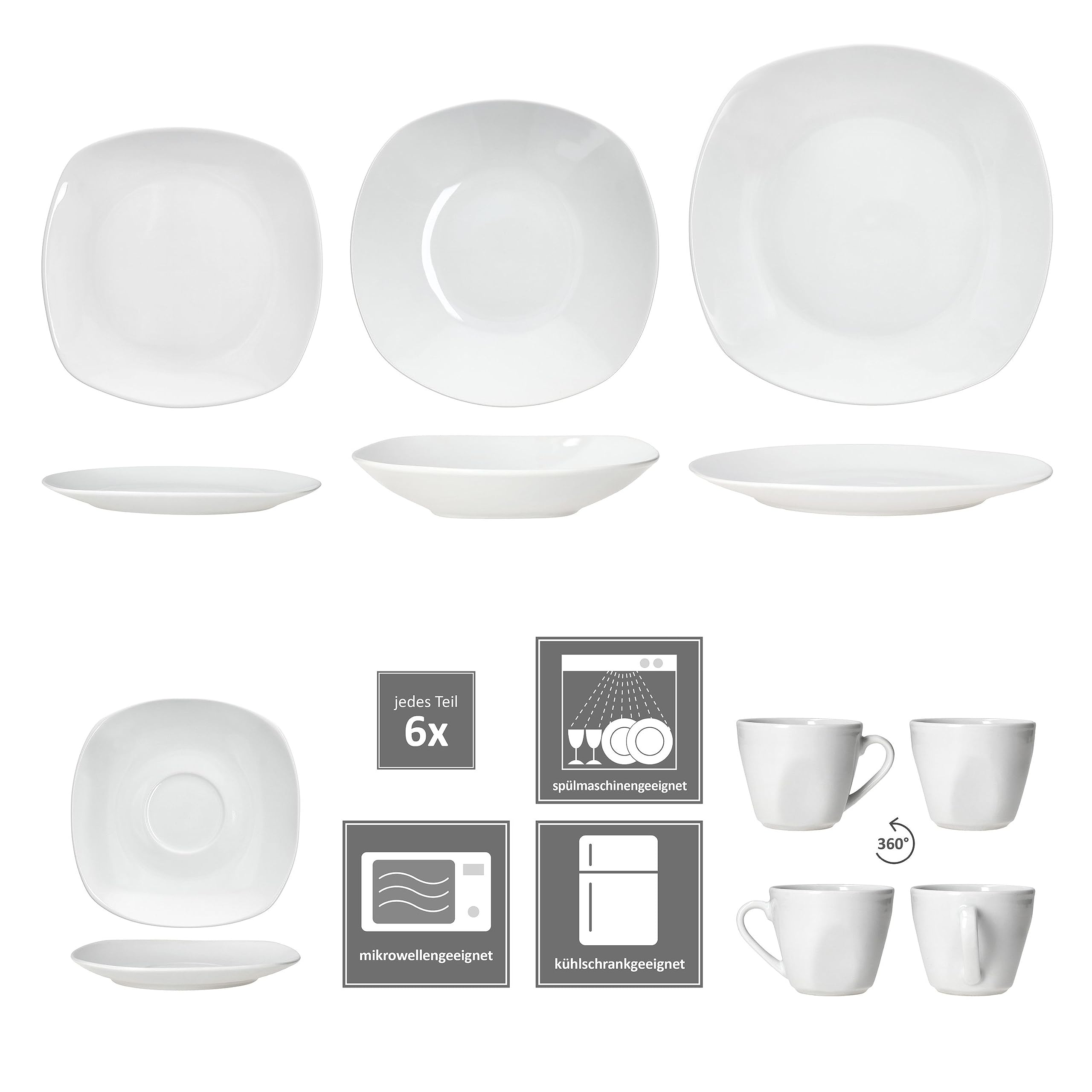 MamboCat Lotta 30tlg Kombiservice I weiße Porzellan-Geschirrset für 6 Personen I Je 6x Kaffeetassen, Untertassen, Kuchenteller, Suppenteller & Speiseteller I Tafel & Kaffee für Gastro, Hotel & Co